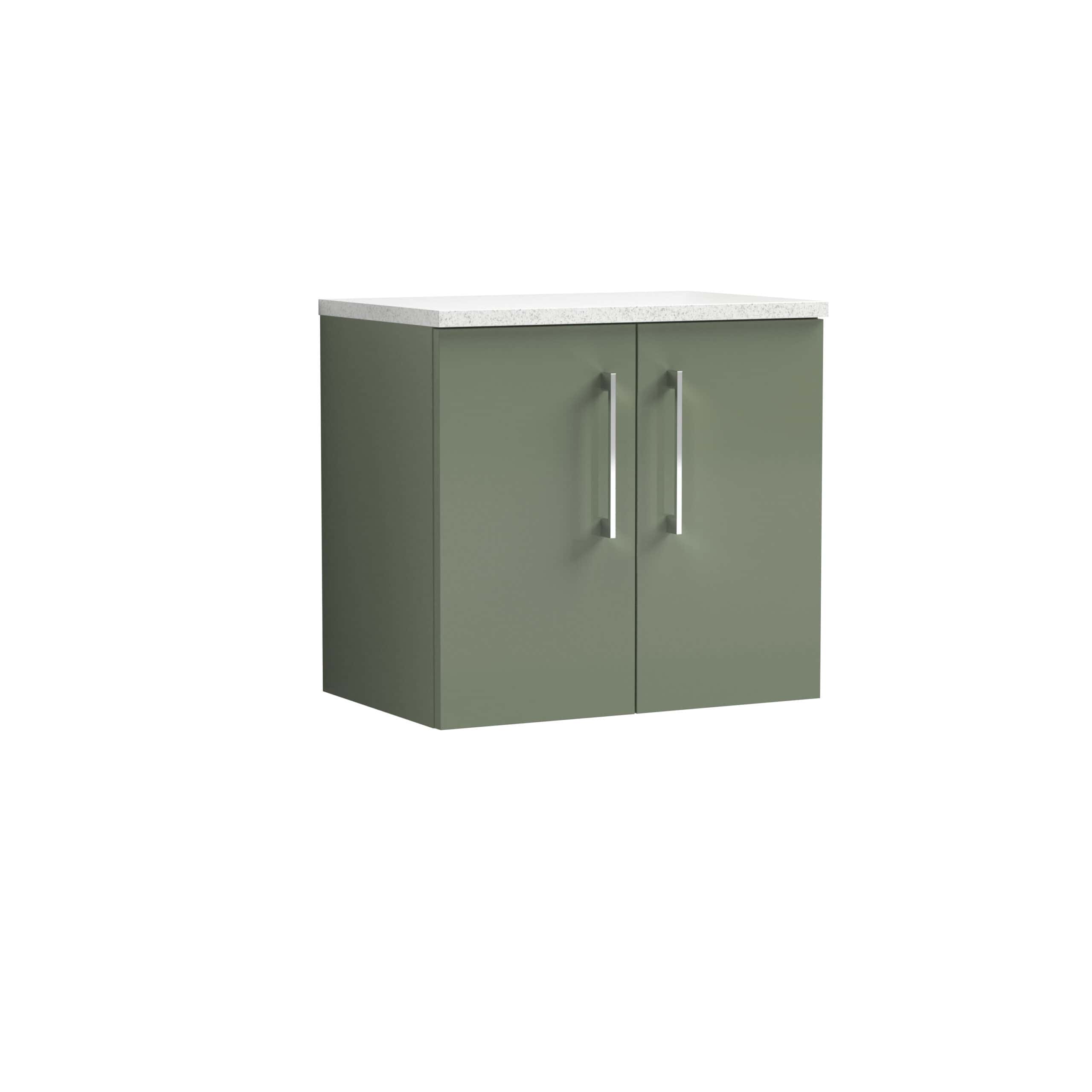 Modern green bathroom vanity cabinet with white stone top, sleek silver handles, ideal for bathroom storage and contemporary bathroom design.
