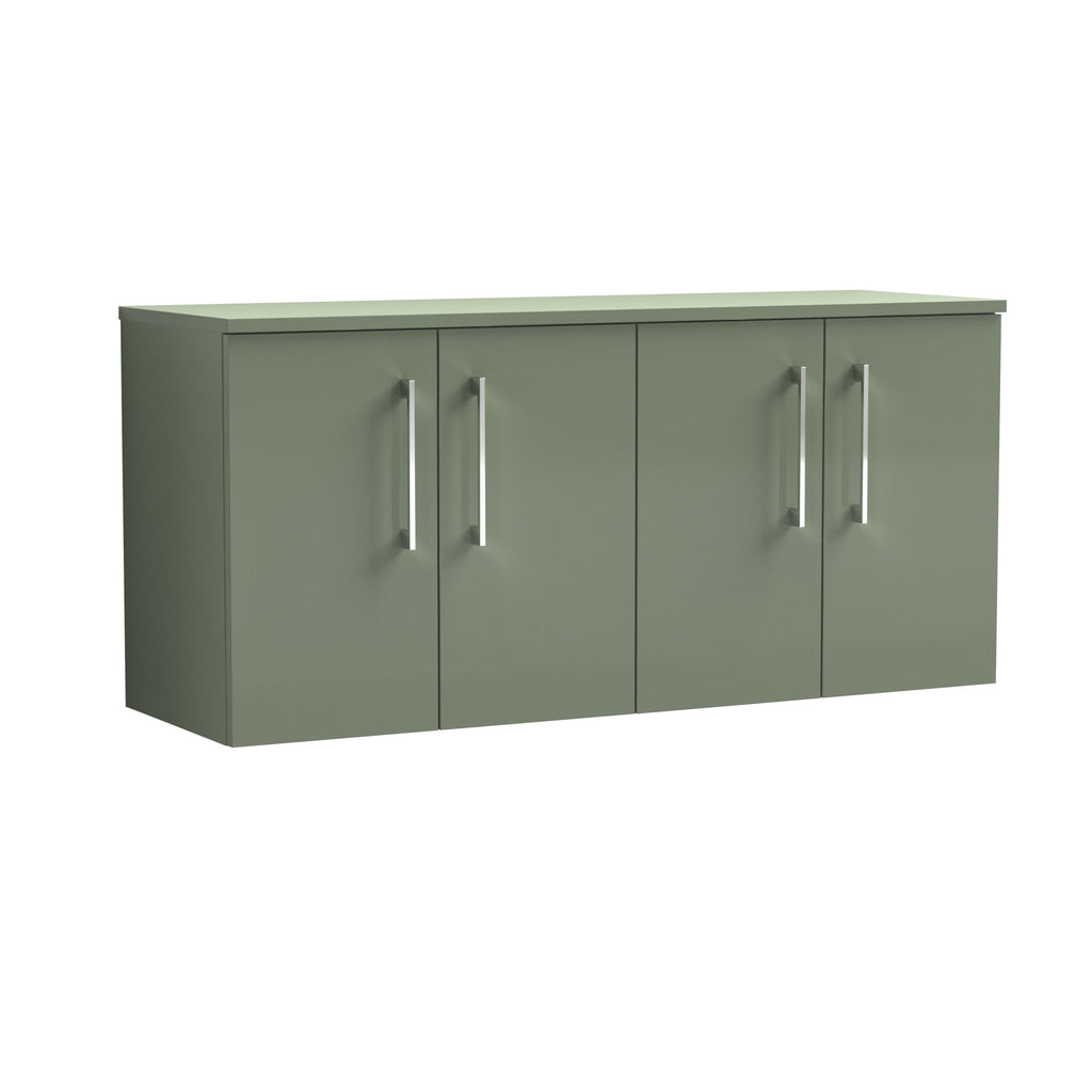 Sage green bathroom storage cabinet with four doors and modern silver handles, ideal for organising bathroom essentials. Durable, stylish, and practical furniture for contemporary bathrooms.
