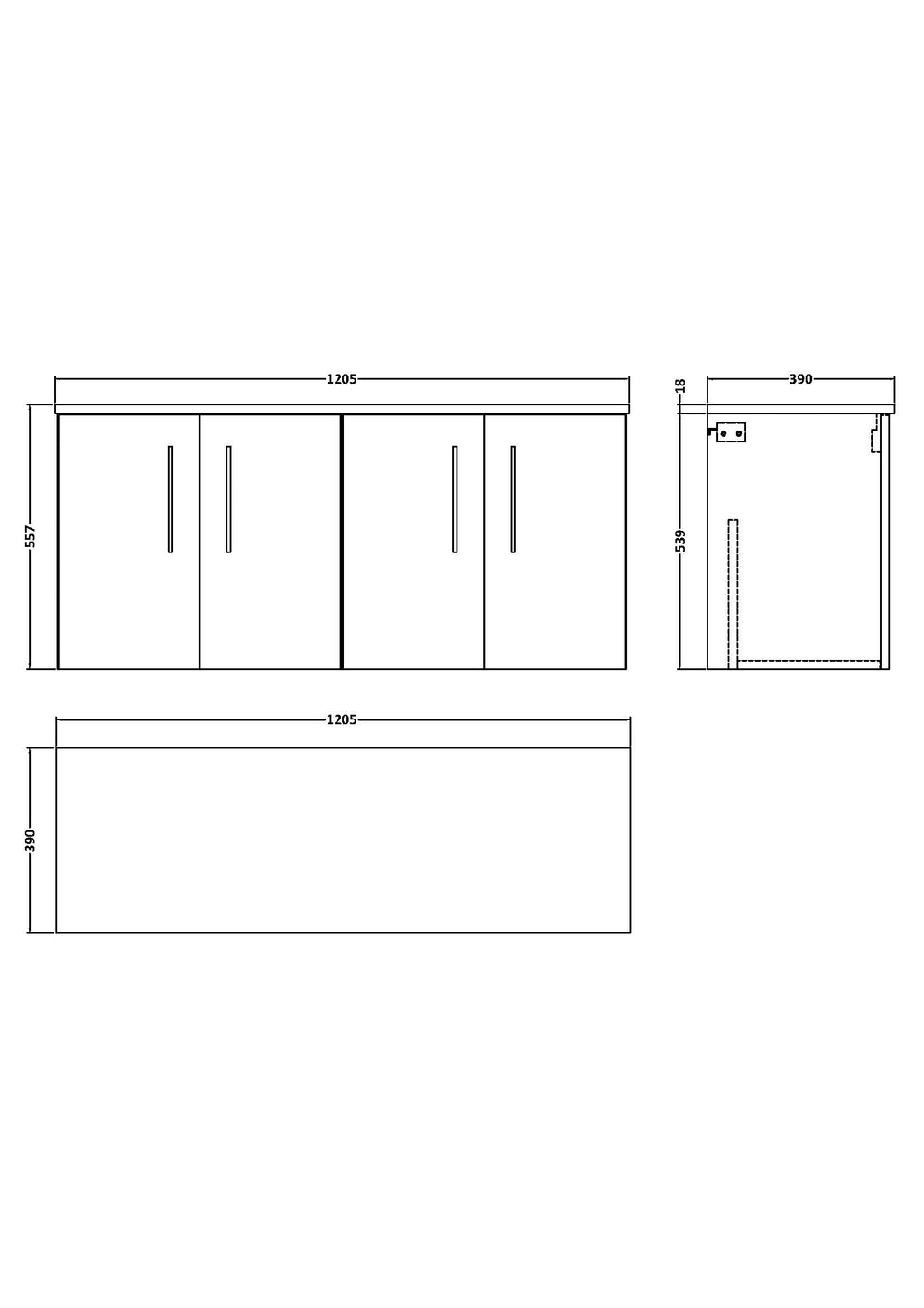Contemporary bathroom cabinet with sleek handles, dimensions 1205mm x 557mm, ideal for modern bathroom storage solutions, designed for durability and style.