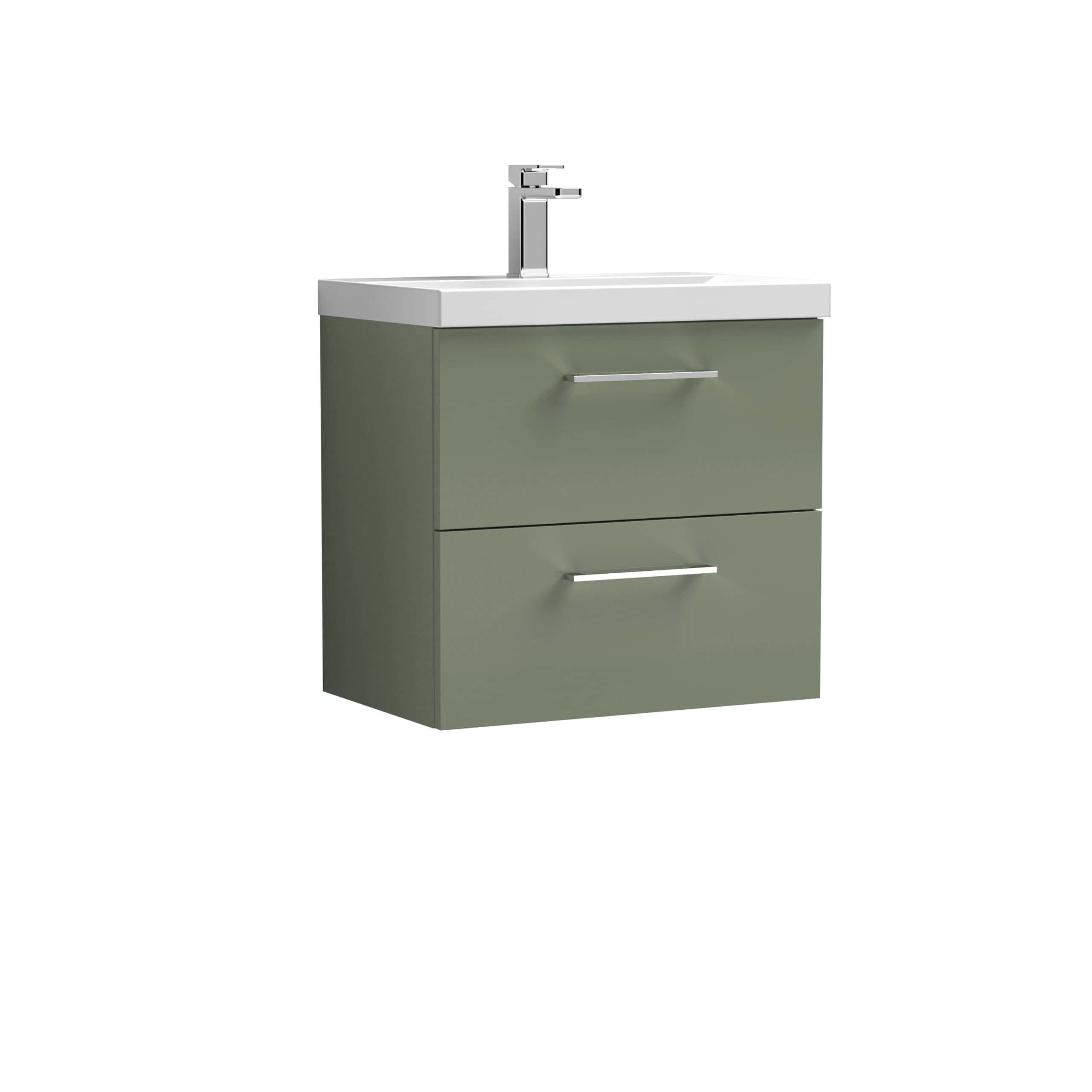 Sleek green bathroom vanity with integrated washbasin and chrome handles, perfect for modern bathroom decor and efficient storage solutions.