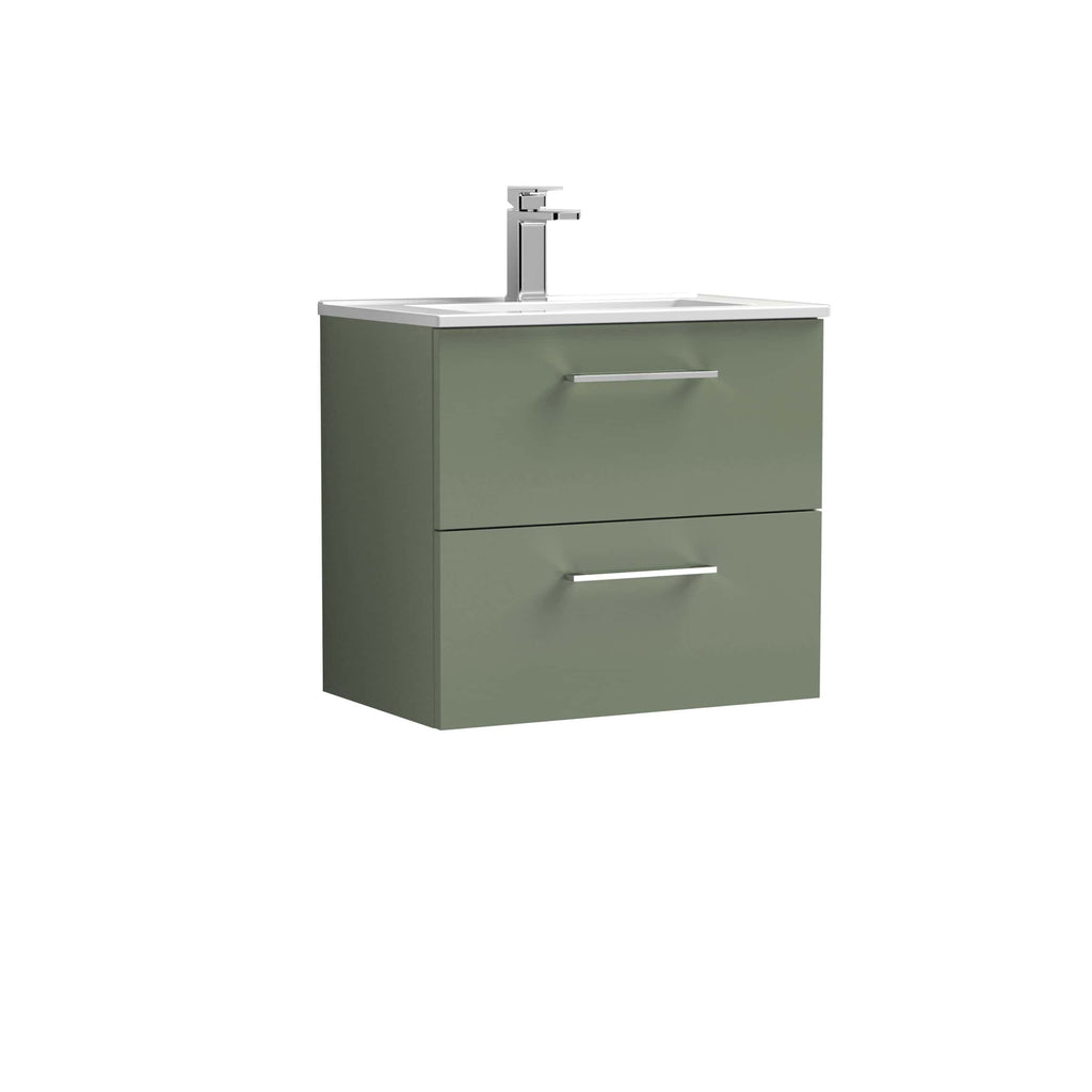 Sleek green bathroom vanity with integrated sink and modern chrome handles, ideal for contemporary bathroom designs and space-saving storage solutions.