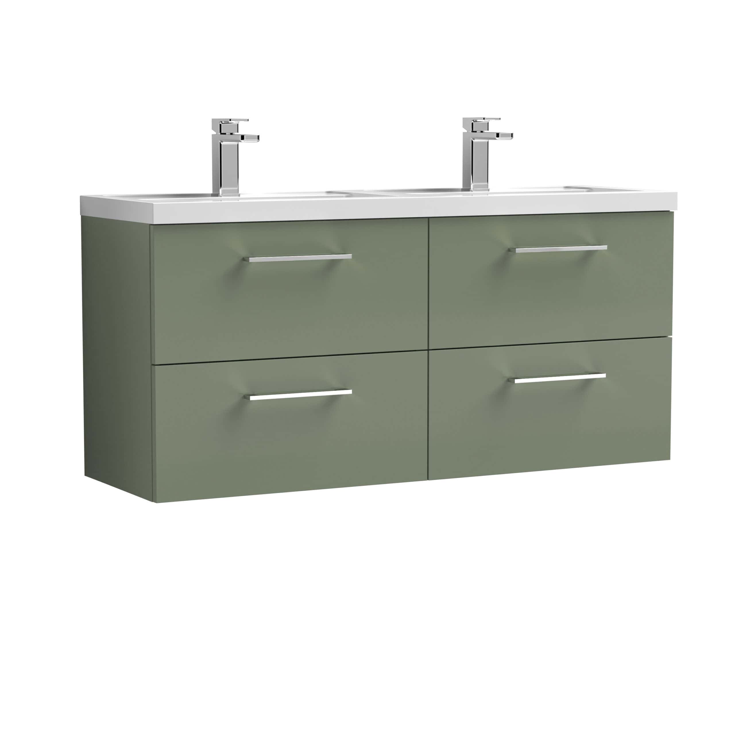 Contemporary green double bathroom vanity unit with integrated sinks and modern chrome faucets. Perfect for stylish, functional bathroom storage and decor.