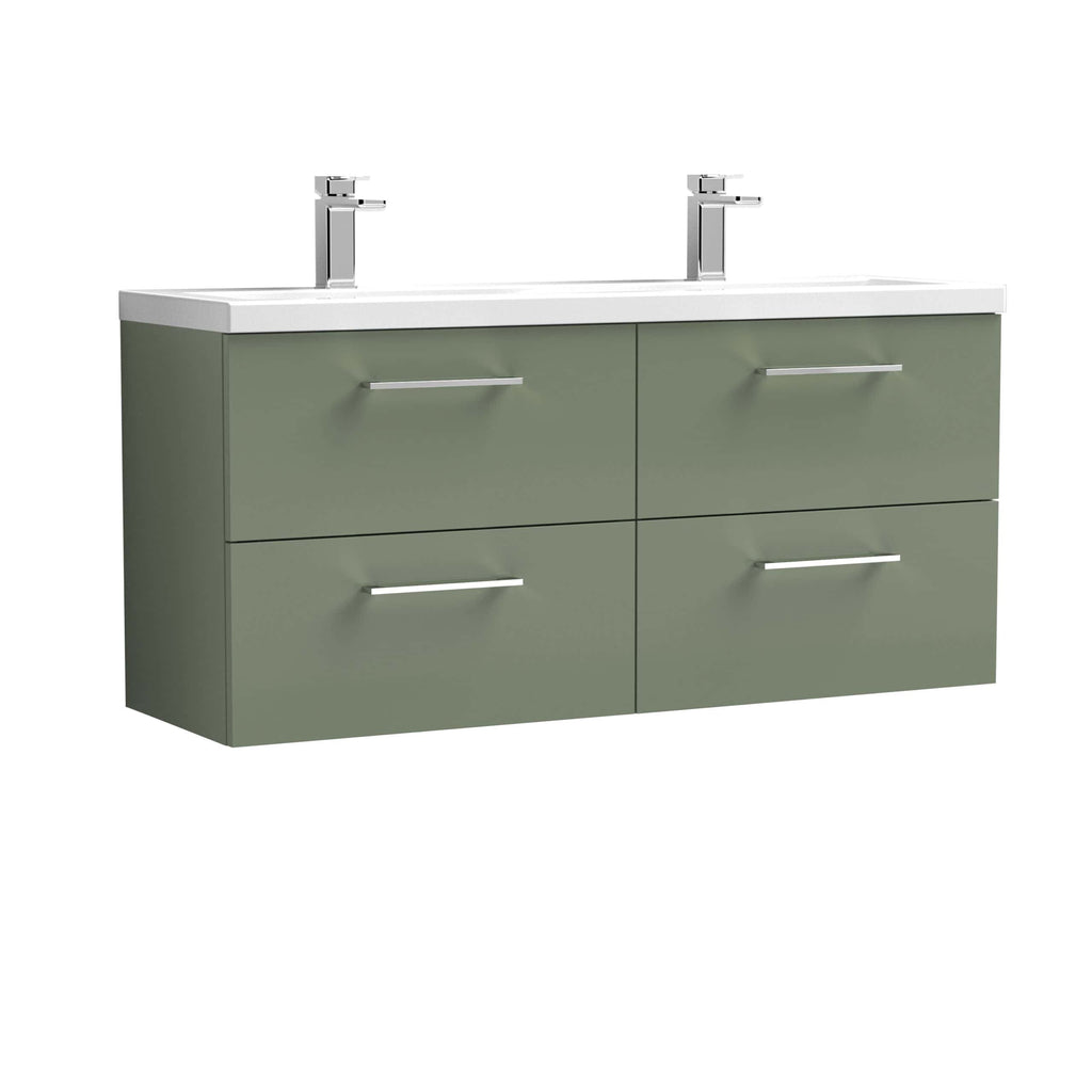 Sleek green double bathroom vanity with four drawers and dual chrome-finished taps, designed for modern bathrooms, offering ample storage and contemporary style.