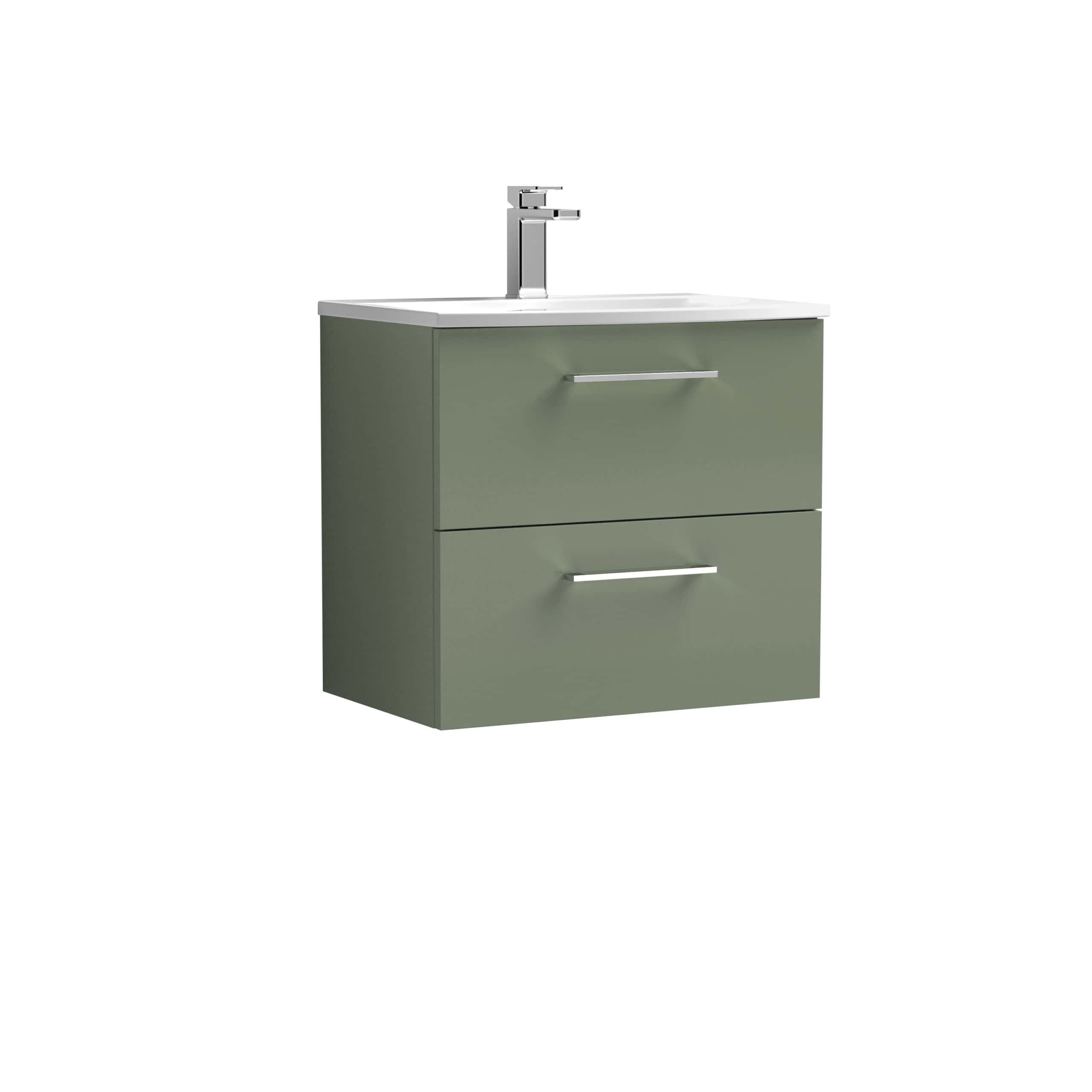 Sleek green bathroom vanity unit with integrated sink and modern chrome handles, perfect for contemporary bathroom décors.