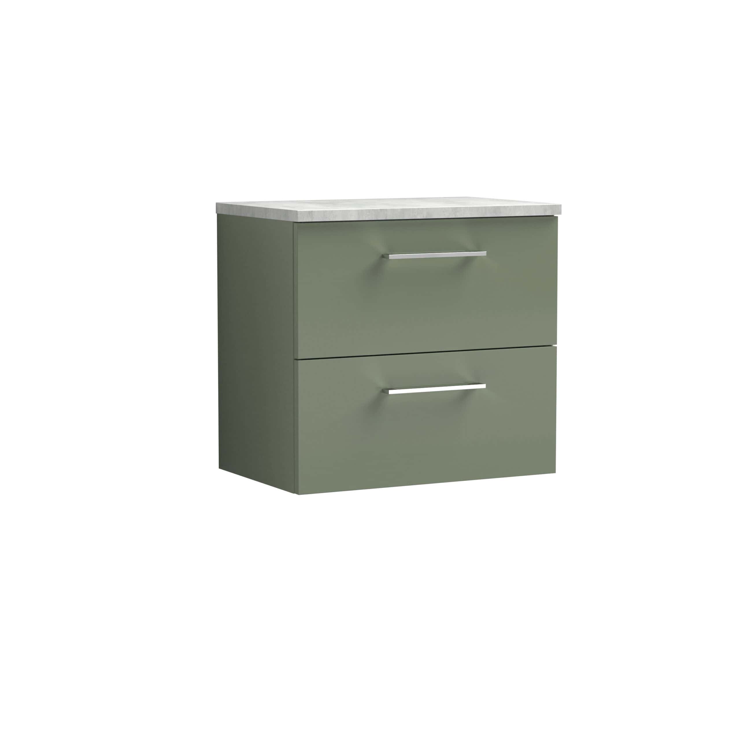 Sleek green bathroom vanity with two drawers, modern chrome handles, and a marble top, ideal for contemporary bathroom storage and accessories.