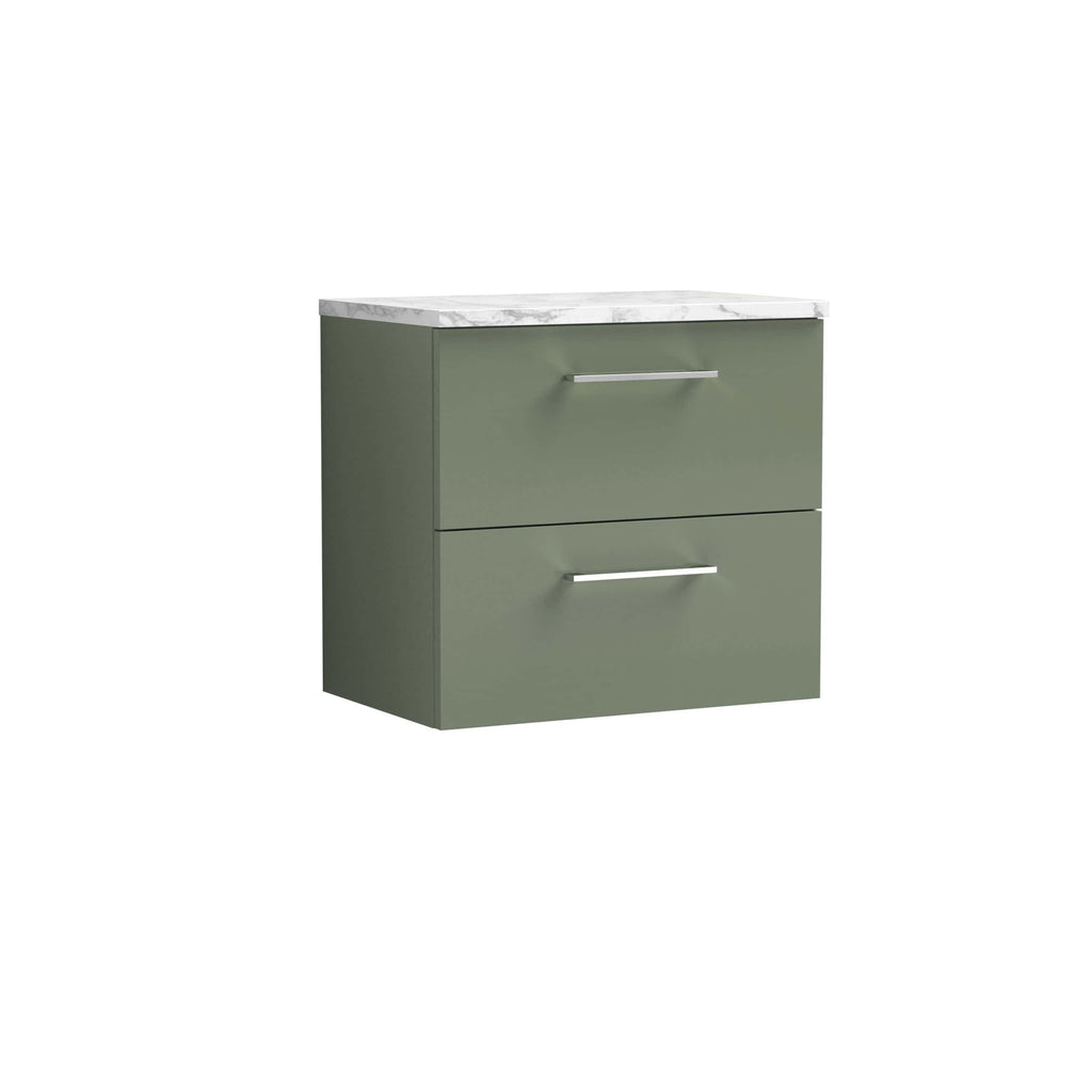 Polished green bathroom vanity cabinet with white marble countertop and modern silver handles, ideal for contemporary bathroom interiors.