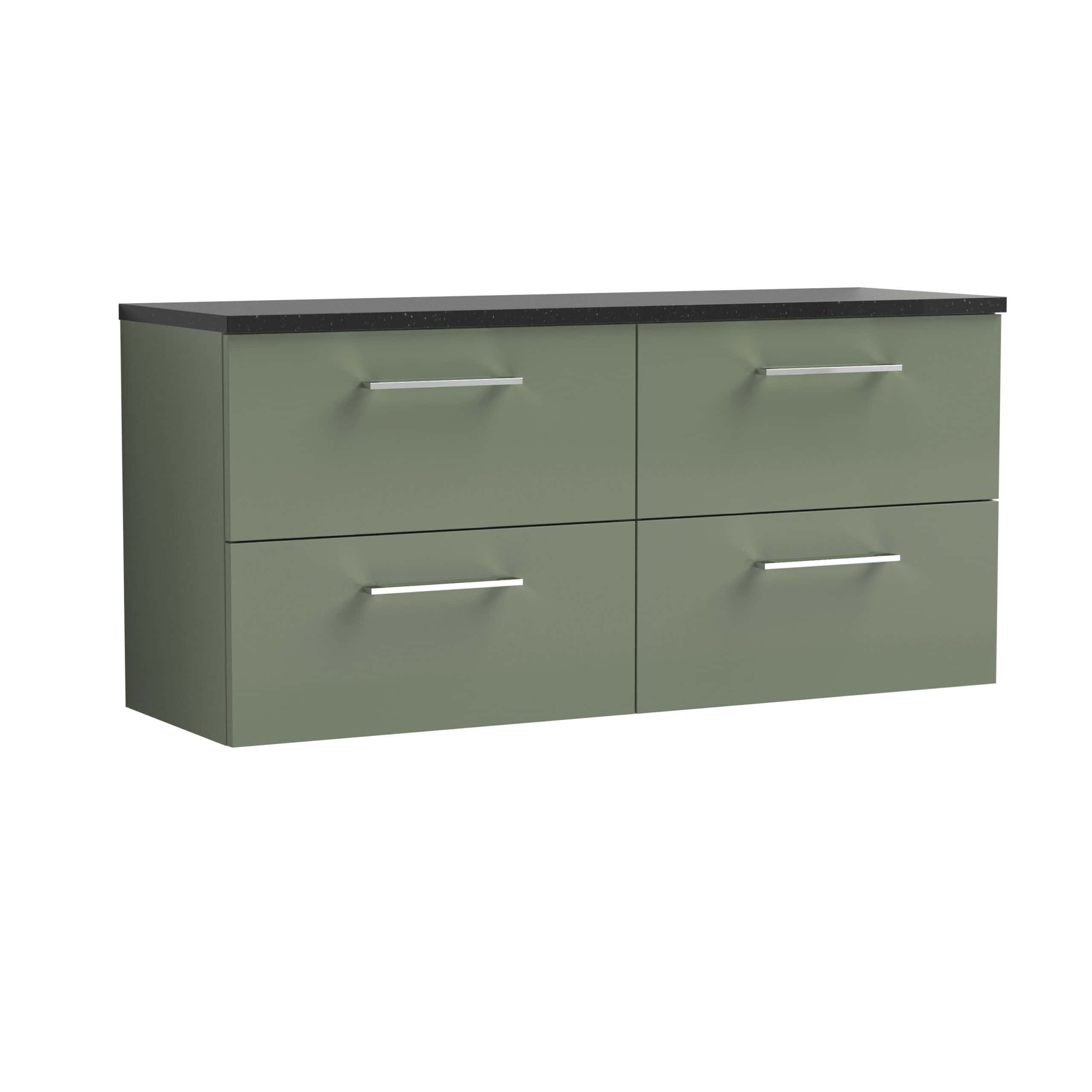 Sleek green bathroom cabinet with modern silver handles and black granite top, perfect for contemporary bathroom storage solutions.