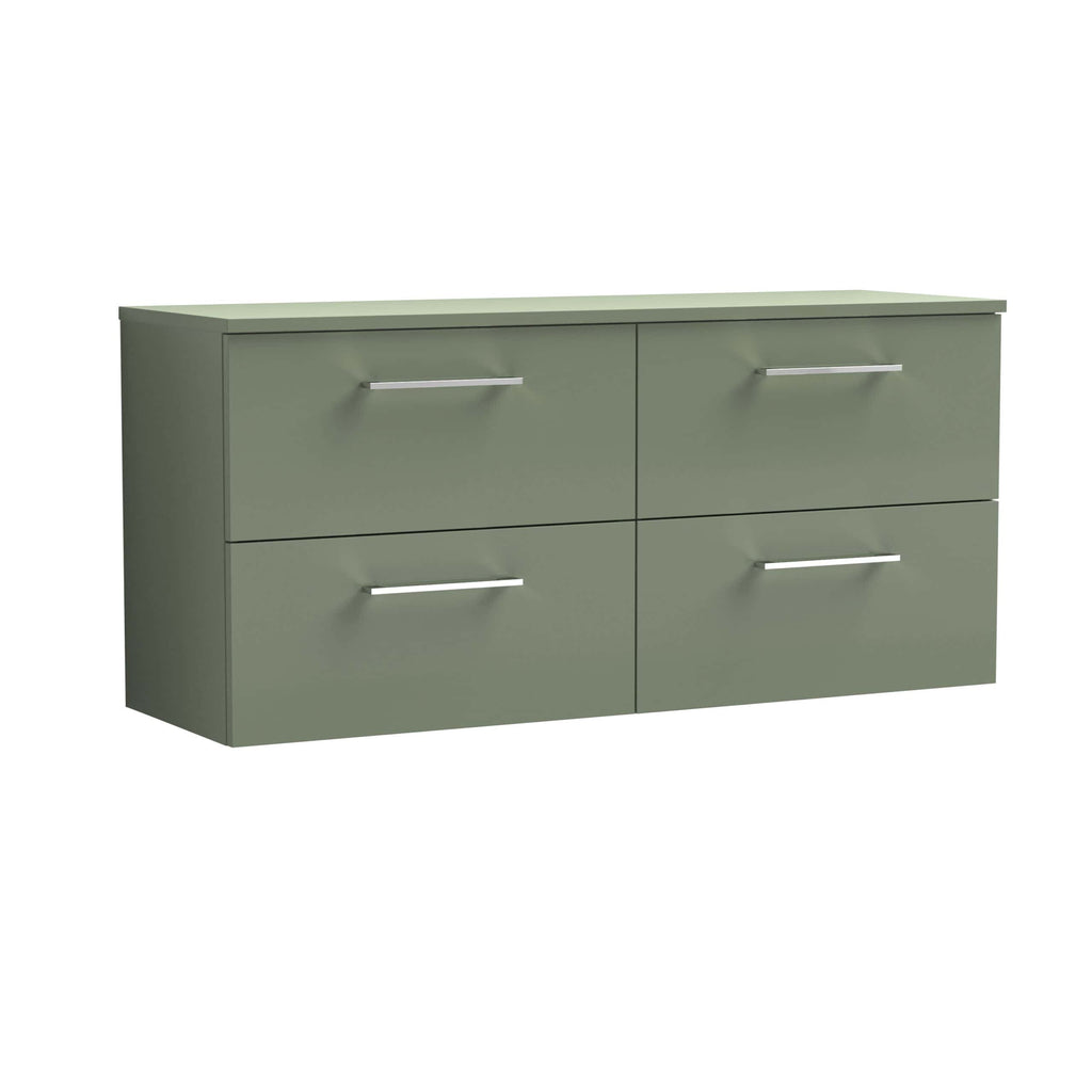 Sage green bathroom storage cabinet with four drawers, modern silver handles, ideal for organising bathroom essentials, stylish and functional bathroom furniture from Bubly Bathrooms.