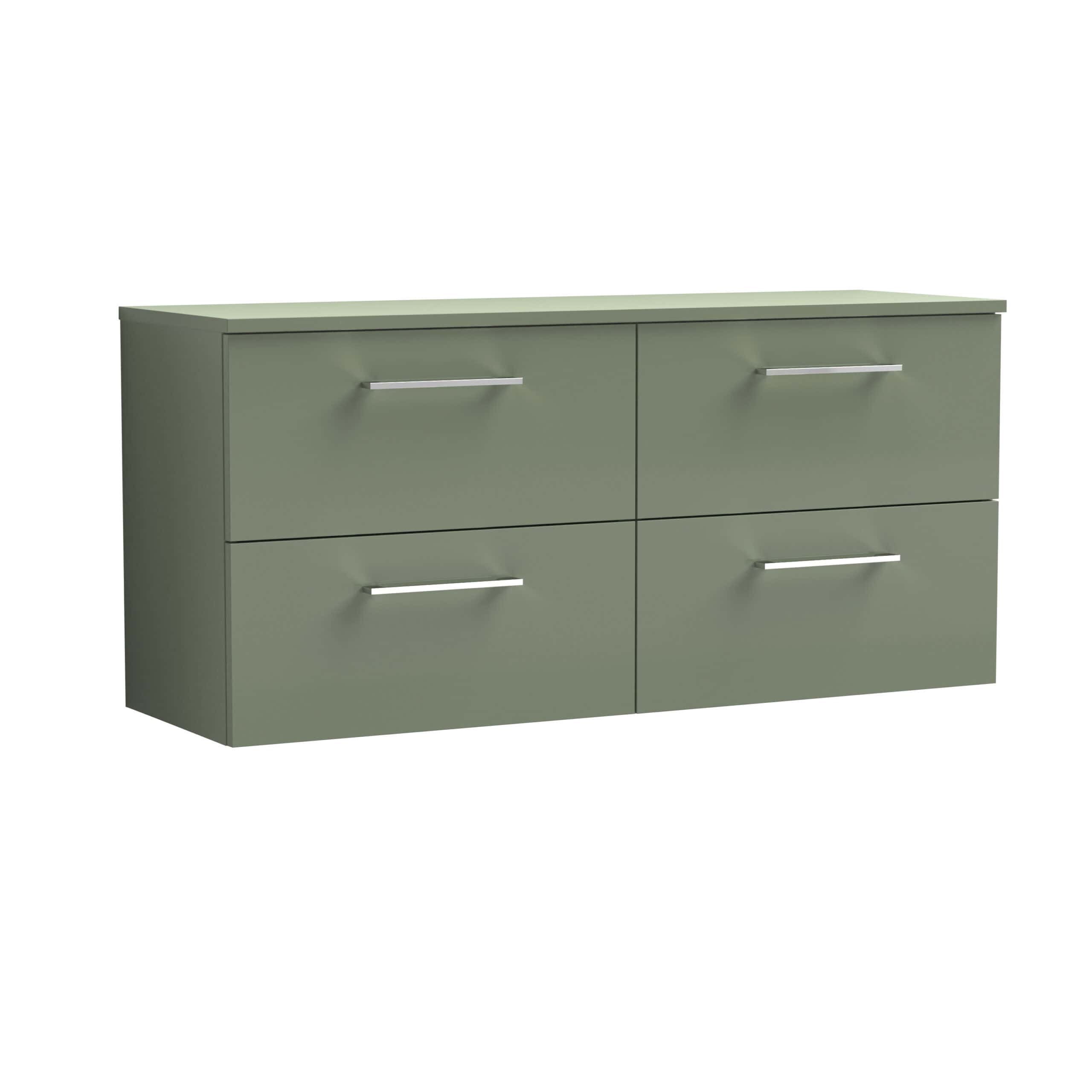 Sage green bathroom storage cabinet with four drawers, modern silver handles, ideal for organising bathroom essentials, stylish and functional bathroom furniture from Bubly Bathrooms.