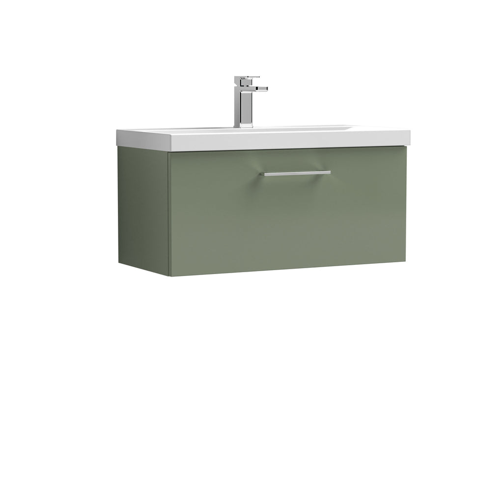 Sleek green bathroom vanity with integrated sink and modern chrome faucet, ideal for contemporary bathroom designs, offering storage space and stylish appeal.