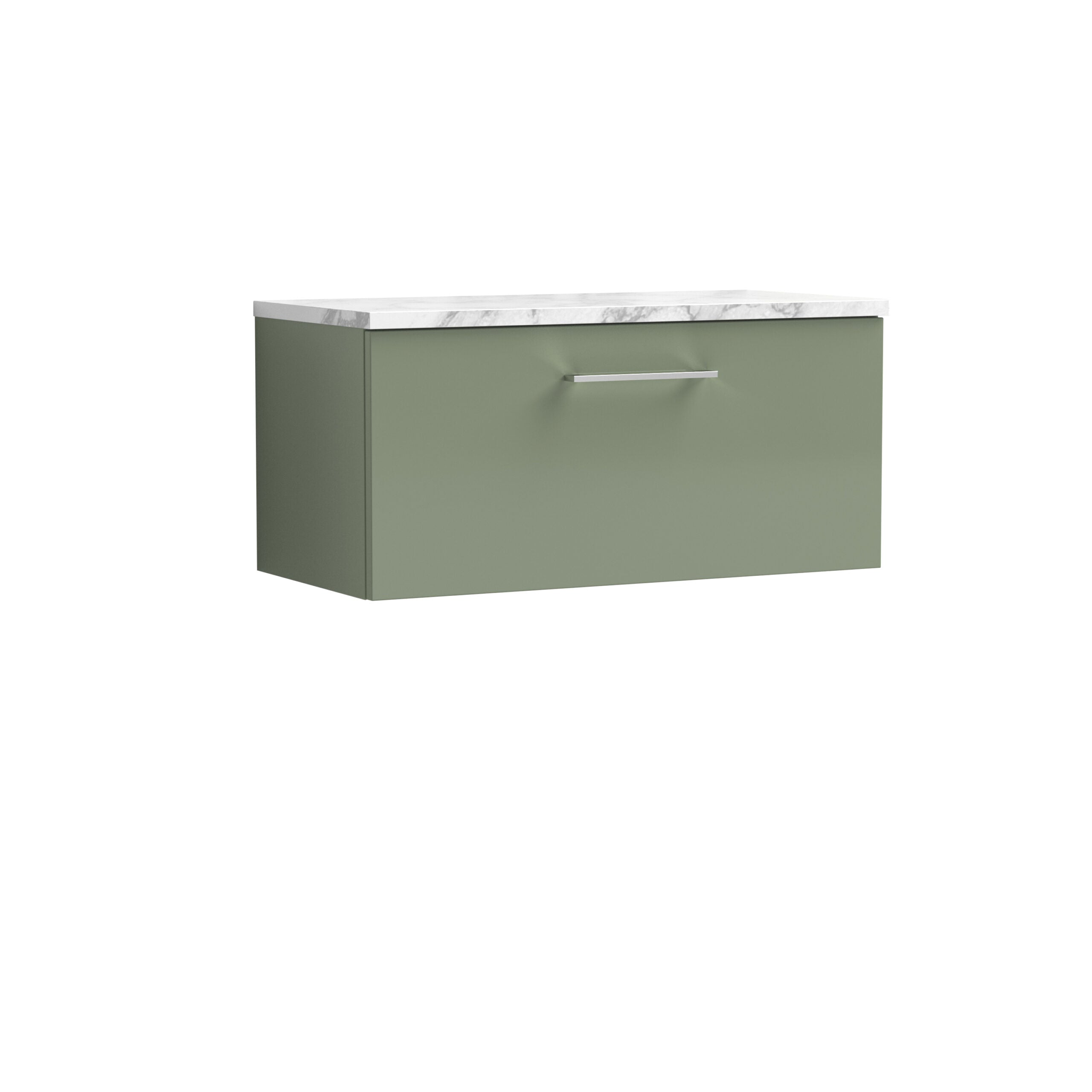 Sleek green bathroom vanity with a white marble countertop and modern handle, ideal for contemporary bathroom designs.