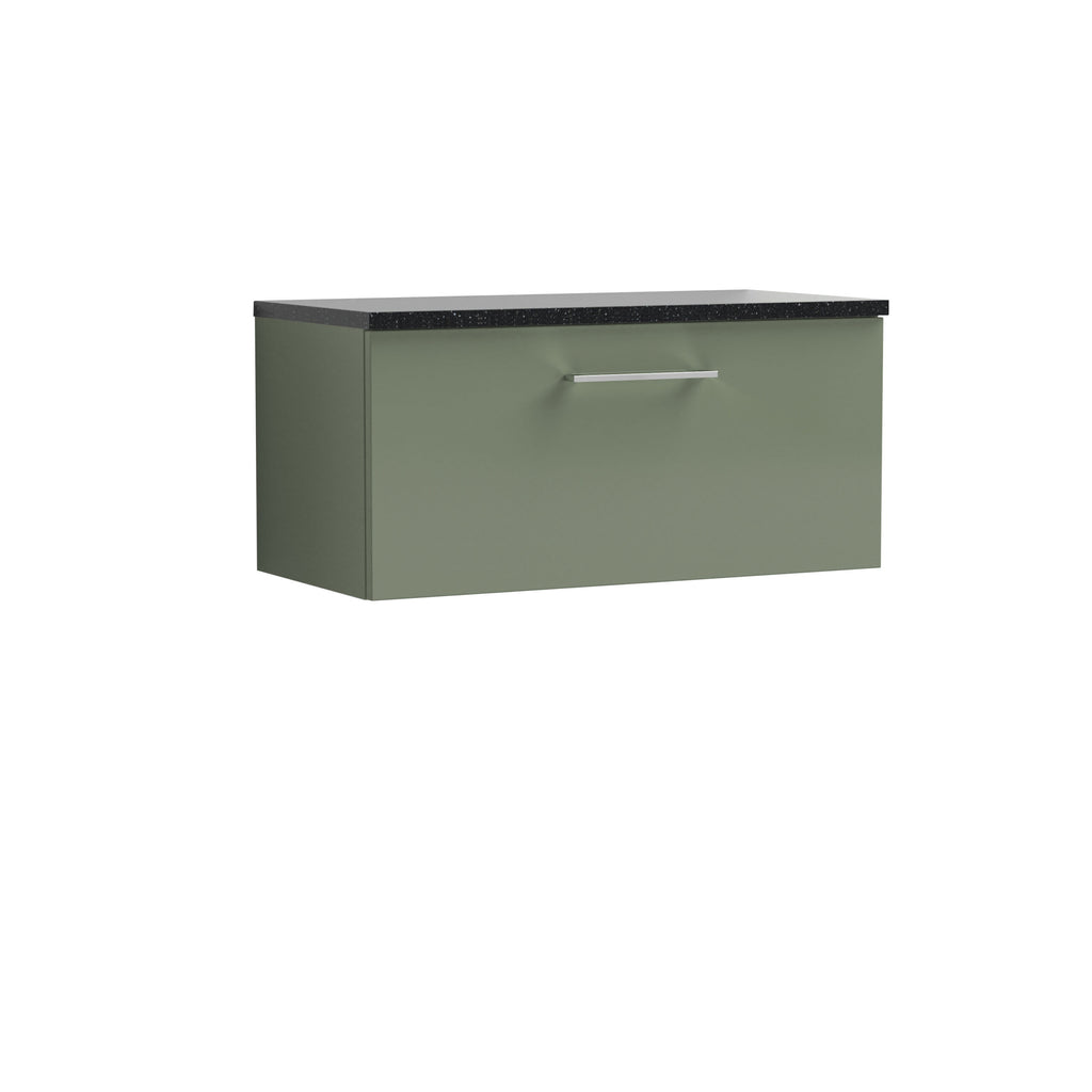 Sleek green bathroom vanity with black speckled countertop and modern silver handle, ideal for contemporary bathroom designs.