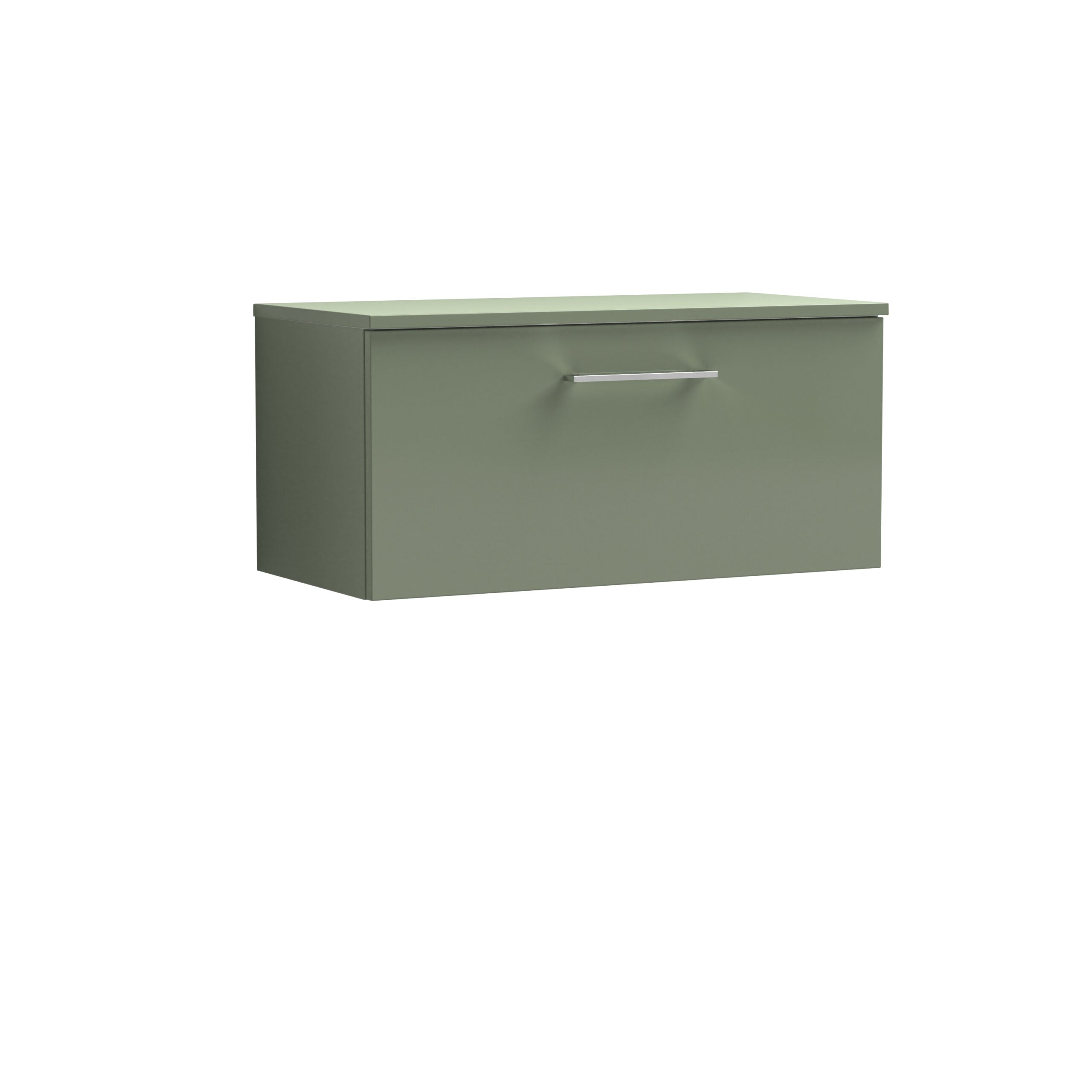Sage green bathroom storage cabinet with sleek silver handle, modern and minimalist design ideal for organising bathroom essentials.