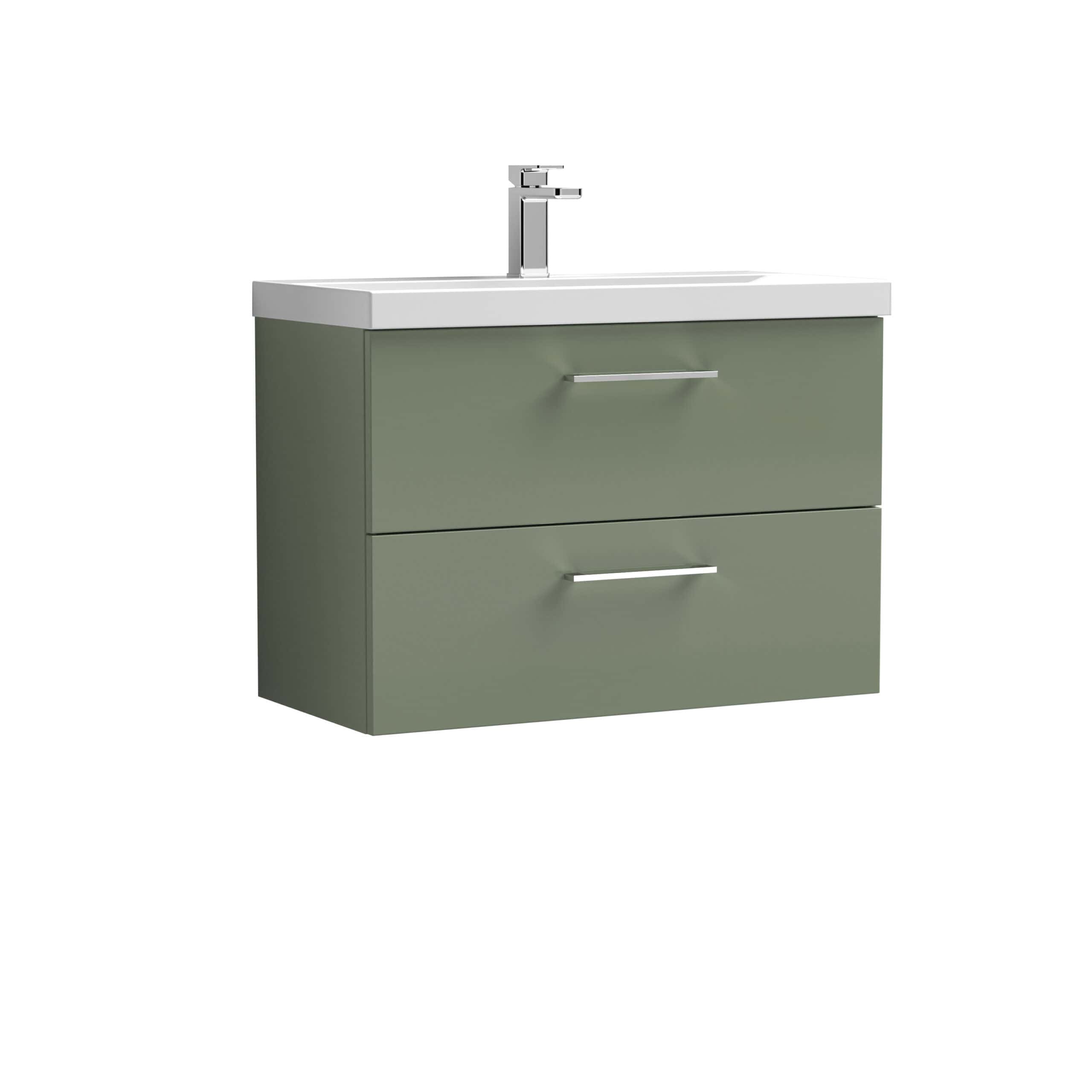 Sustainable green bathroom vanity with dual drawers and sleek handles, featuring a modern ceramic sink and chrome faucet, designed for stylish storage solutions.