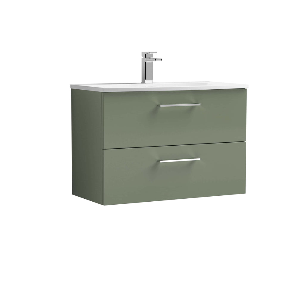 Elegant green bathroom vanity unit with a sleek white countertop and modern chrome handles, perfect for contemporary bathroom designs and storage needs.