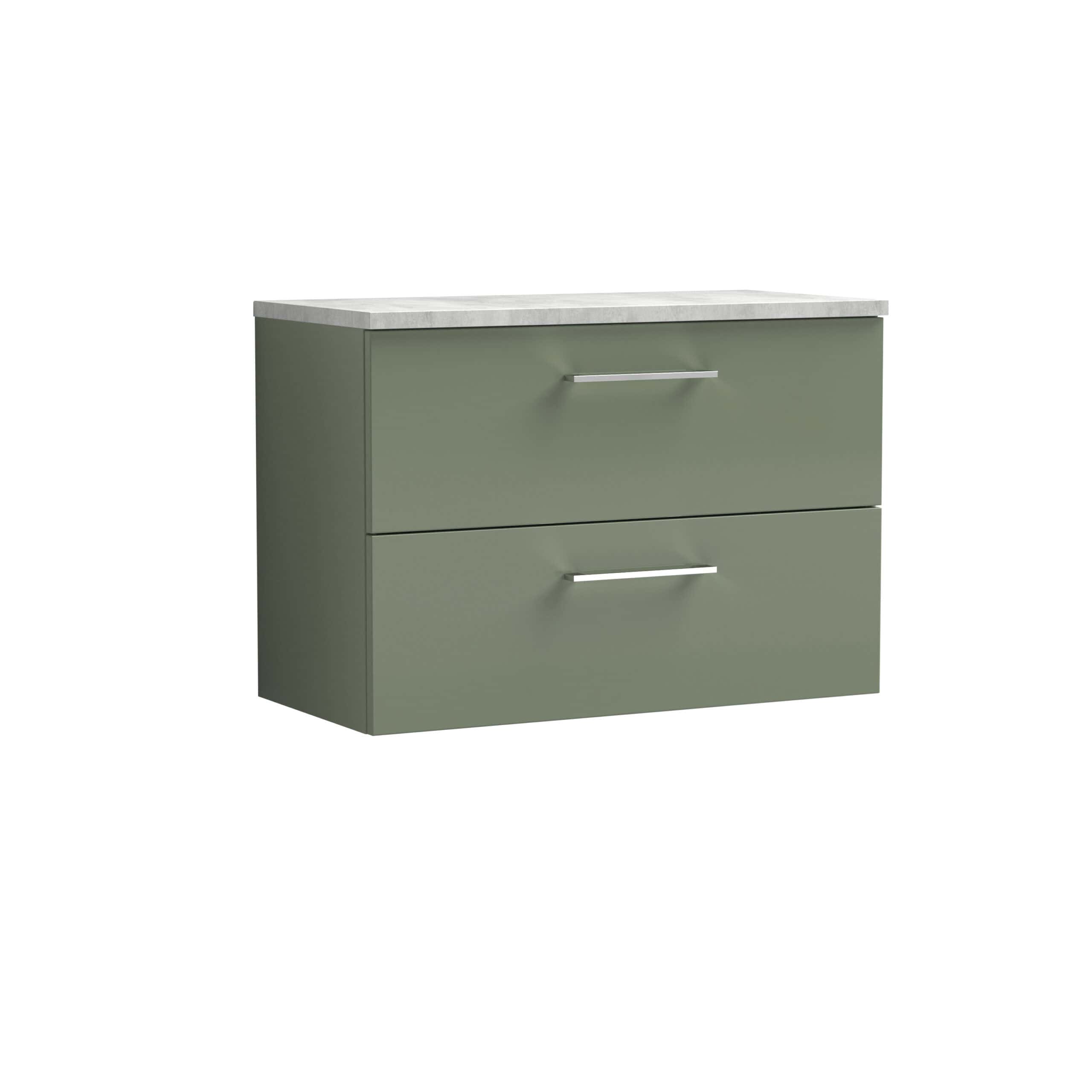 Sleek green bathroom vanity with two drawers and metal handles, topped with a marble effect countertop, ideal for modern bathroom cabinetry and storage solutions.