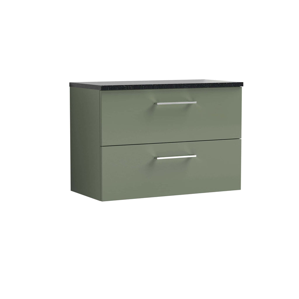 Sleek olive green bathroom vanity with two spacious drawers and silver handles, topped with a black granite worktop, perfect for modern bathroom storage solutions.