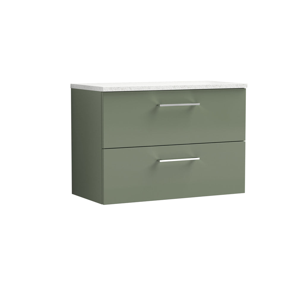 Sleek green bathroom vanity with two spacious drawers and a white speckled countertop, perfect for modern bathroom storage and style.