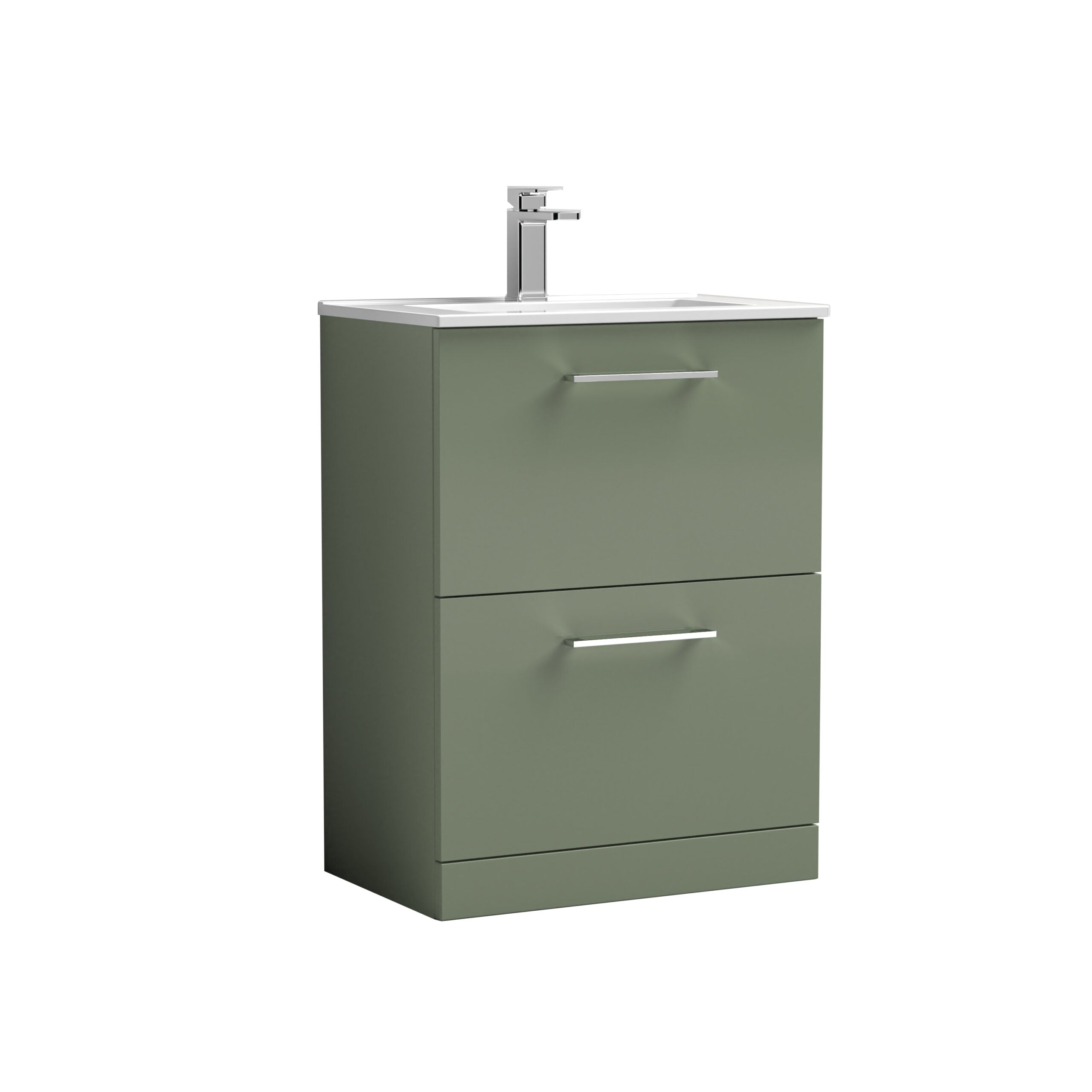 Modern green bathroom vanity unit with integrated sink and chrome handles, ideal for contemporary bathrooms and storage solutions.