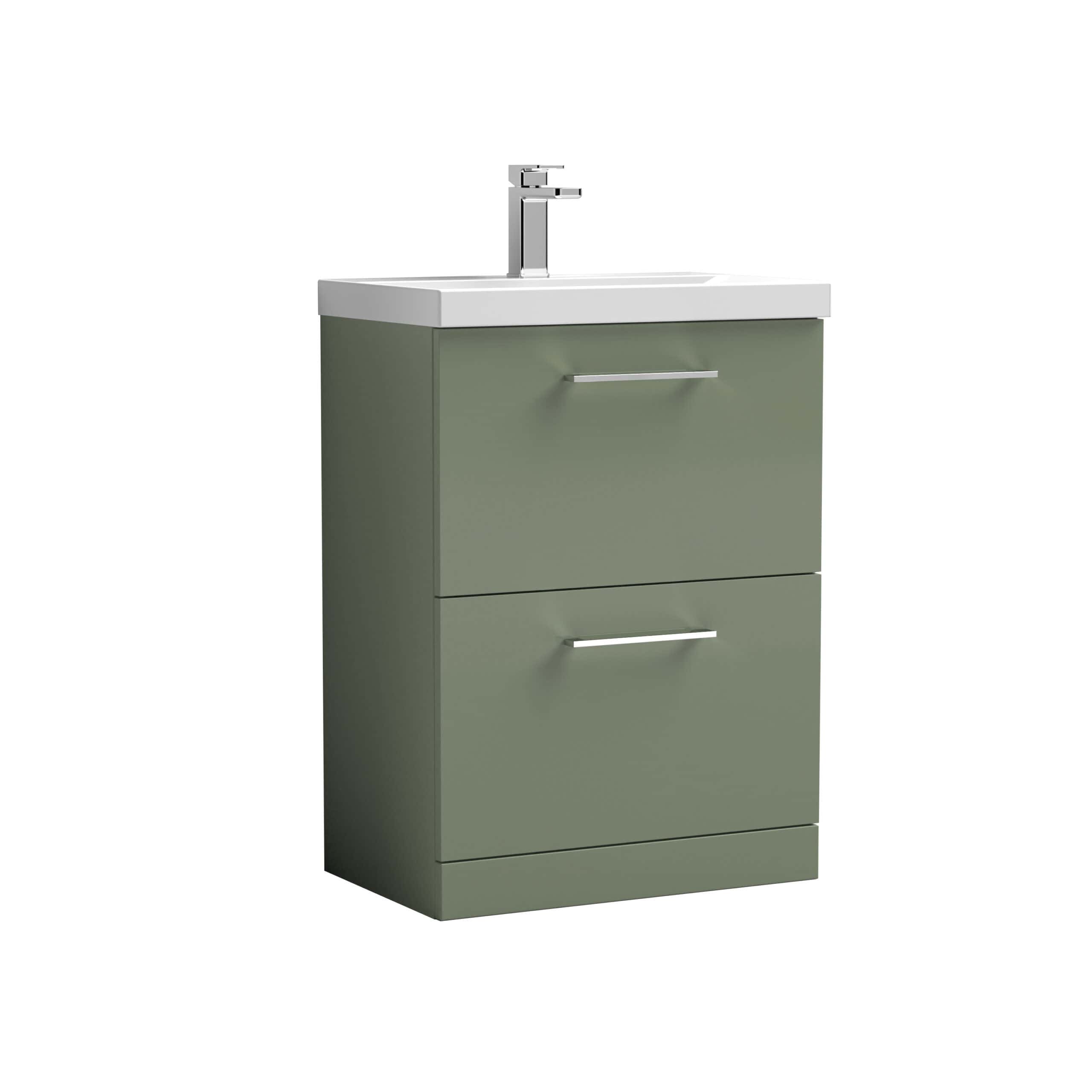 Modern green bathroom vanity with integrated sink and chrome handles, ideal for contemporary bathroom designs. Stylish storage solution for bathroom essentials.