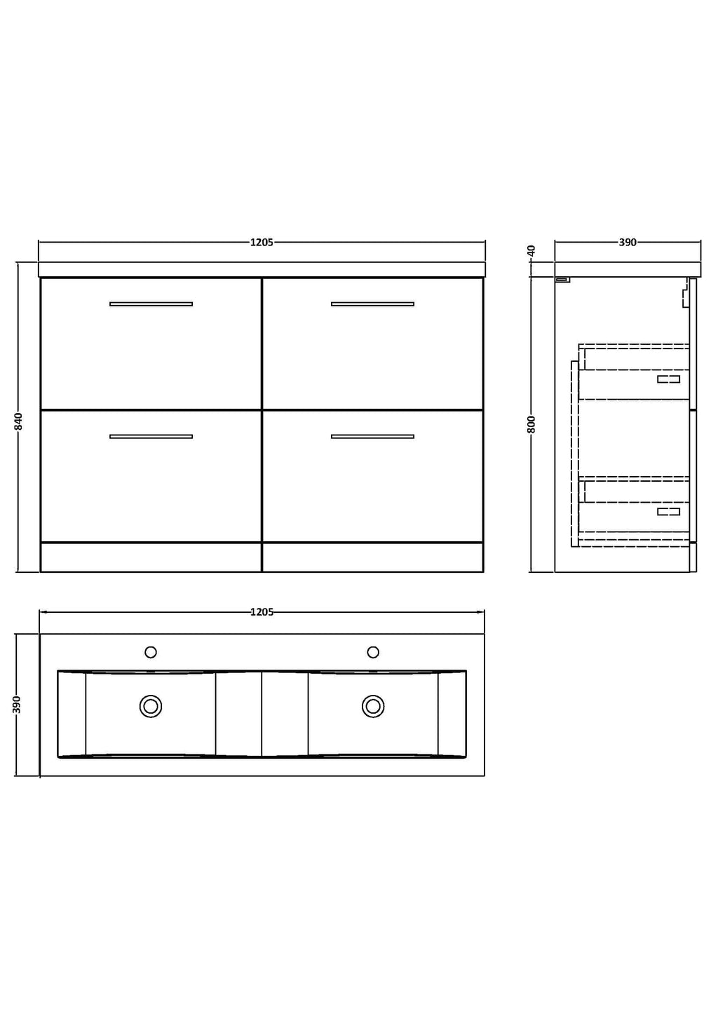 Elegant white bathroom vanity with four drawers, modern handles, and detailed dimensions for a stylish and functional Bubly Bathrooms feature.