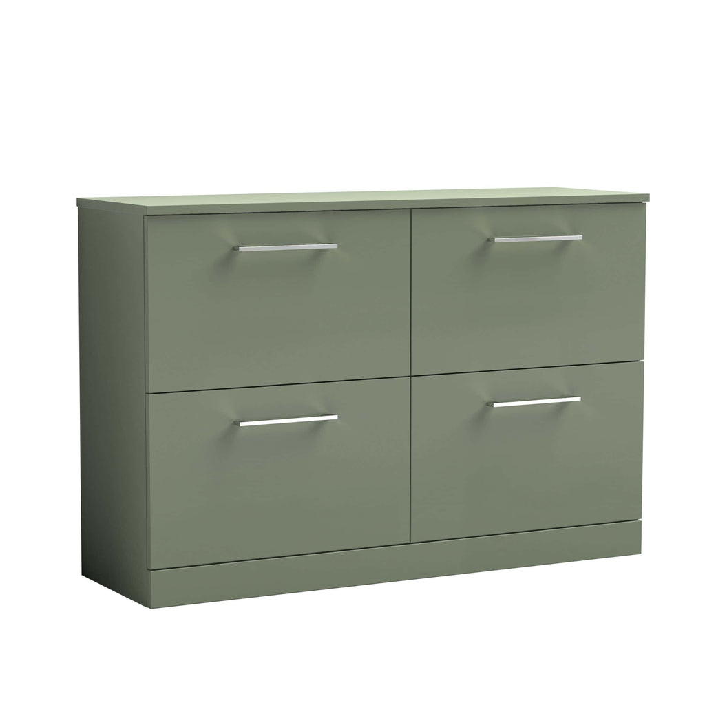 Sage green modern bathroom cabinet with four drawers, silver handles, minimalistic design, ideal for bathroom storage and organisation.
