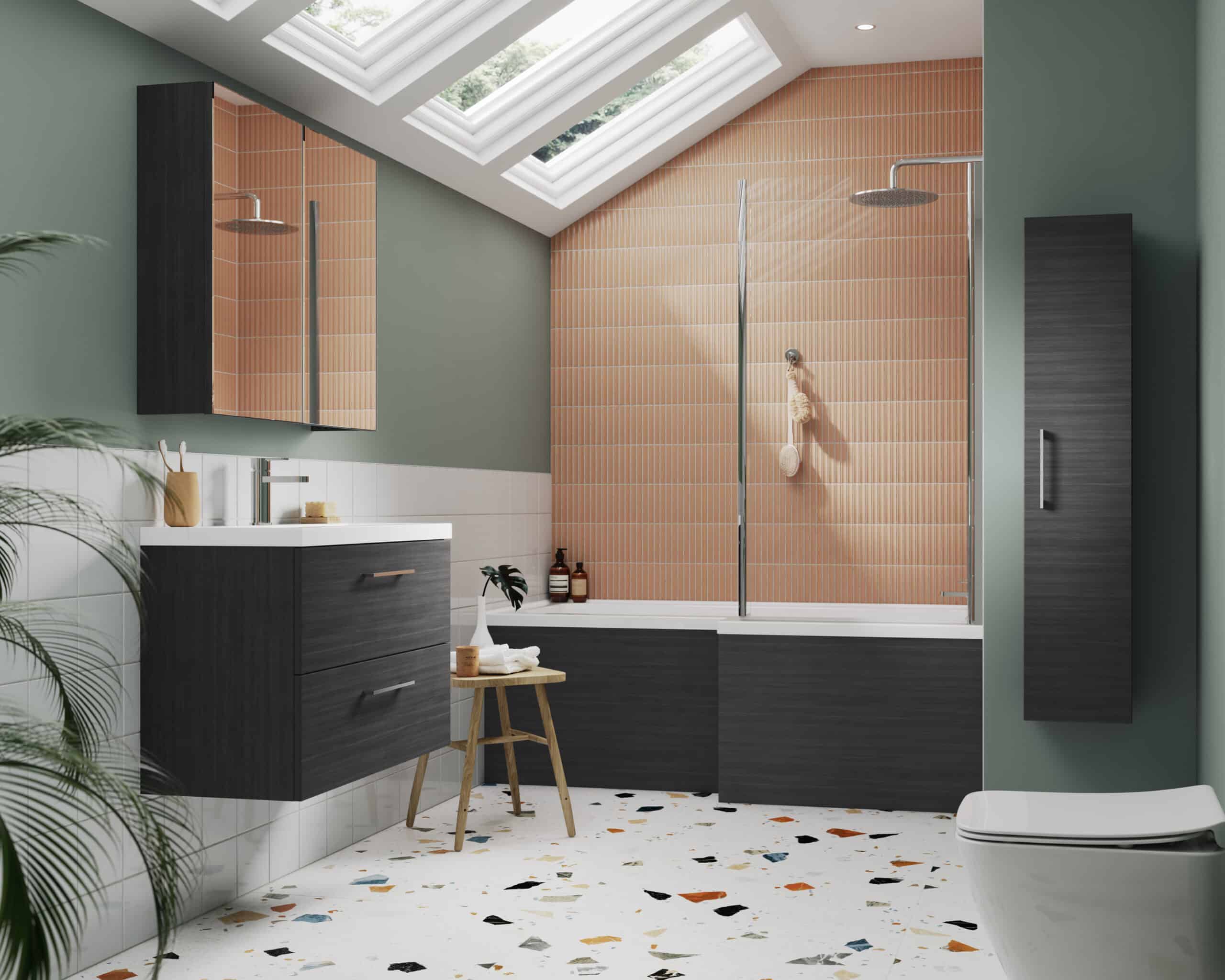 Bright modern bathroom with walk-in shower, dark grey vanity, large mirror, skylight, terracotta tiles, and terrazzo flooring, featuring stylish design and natural light.