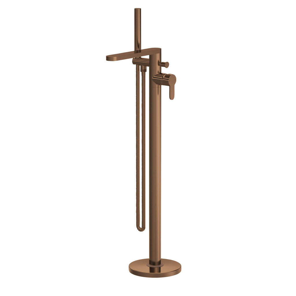 Sleek copper freestanding bath tap with handheld shower in modern bathroom design. Durable, stylish, and easy to operate for a luxurious bathing experience. Perfect for contemporary Bubly bathrooms.