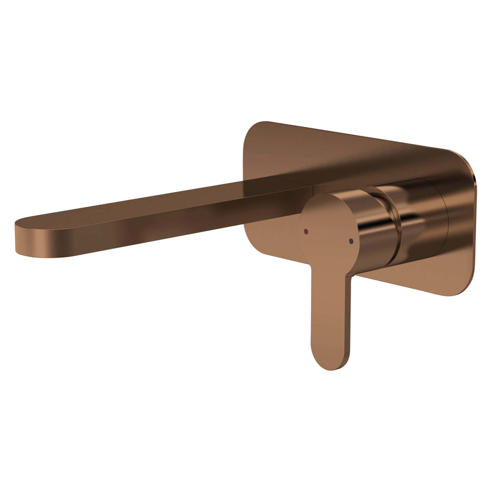 Polished bronze bathroom mixer tap with a modern, minimalist design suitable for contemporary bathrooms. Features a sleek lever handle and wall-mounted installation for style and functionality.