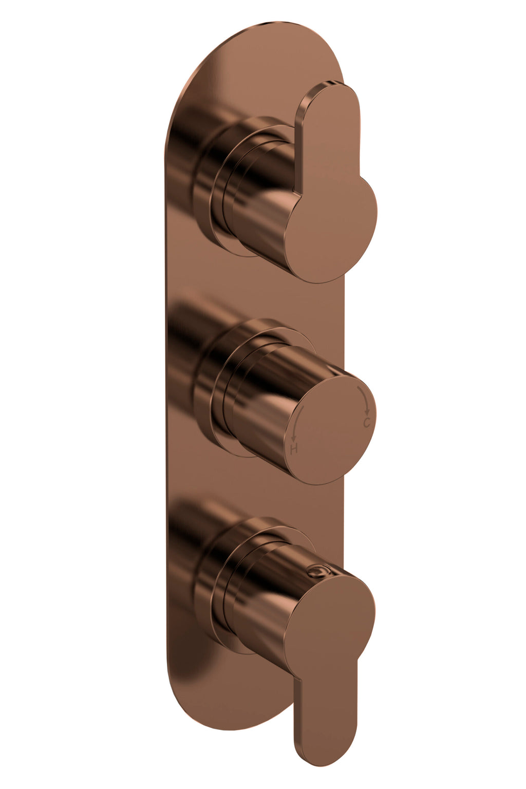 Polished copper thermostatic shower control valve, modern bathroom fixture for temperature regulation, sleek design, ideal for Bubly Bathrooms installations and renovation projects.