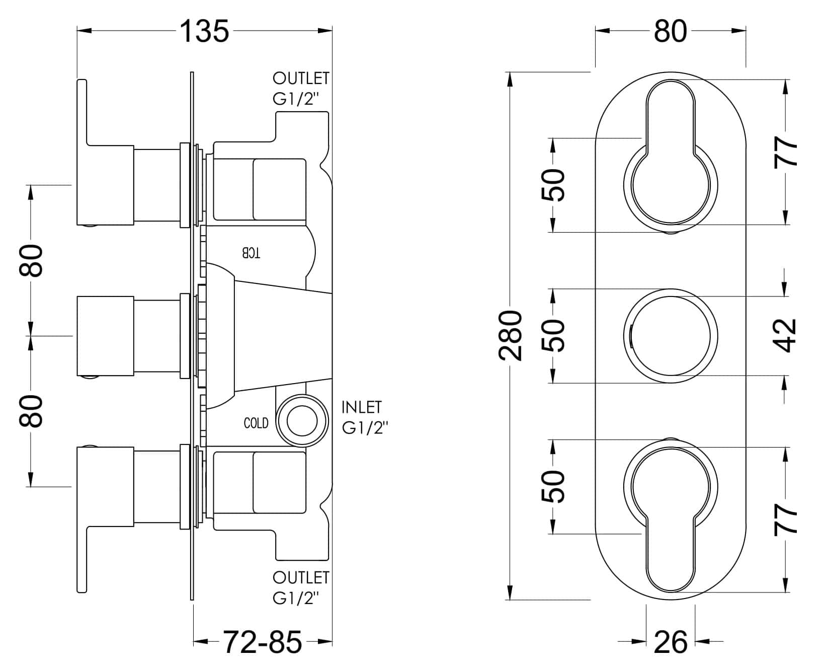 Modern bathroom shower valve technical diagram, plumbing fixture with detailed measurements for installation and repair. Suitable for bathroom refurbishments and plumbing projects.