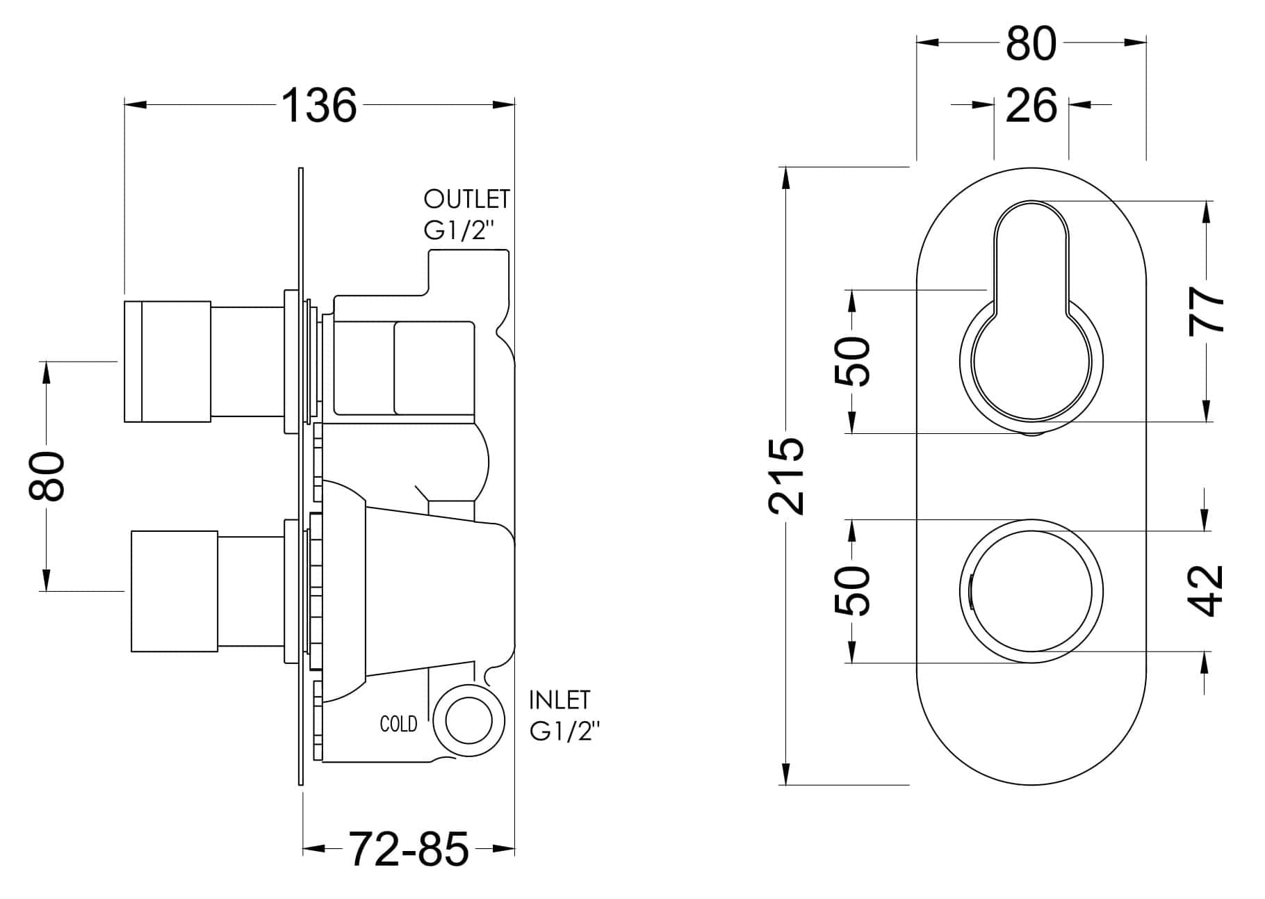 High-quality bathroom tap technical drawing with precise dimensions, suitable for bathroom renovation, plumbing, and fixture installation projects in the UK.