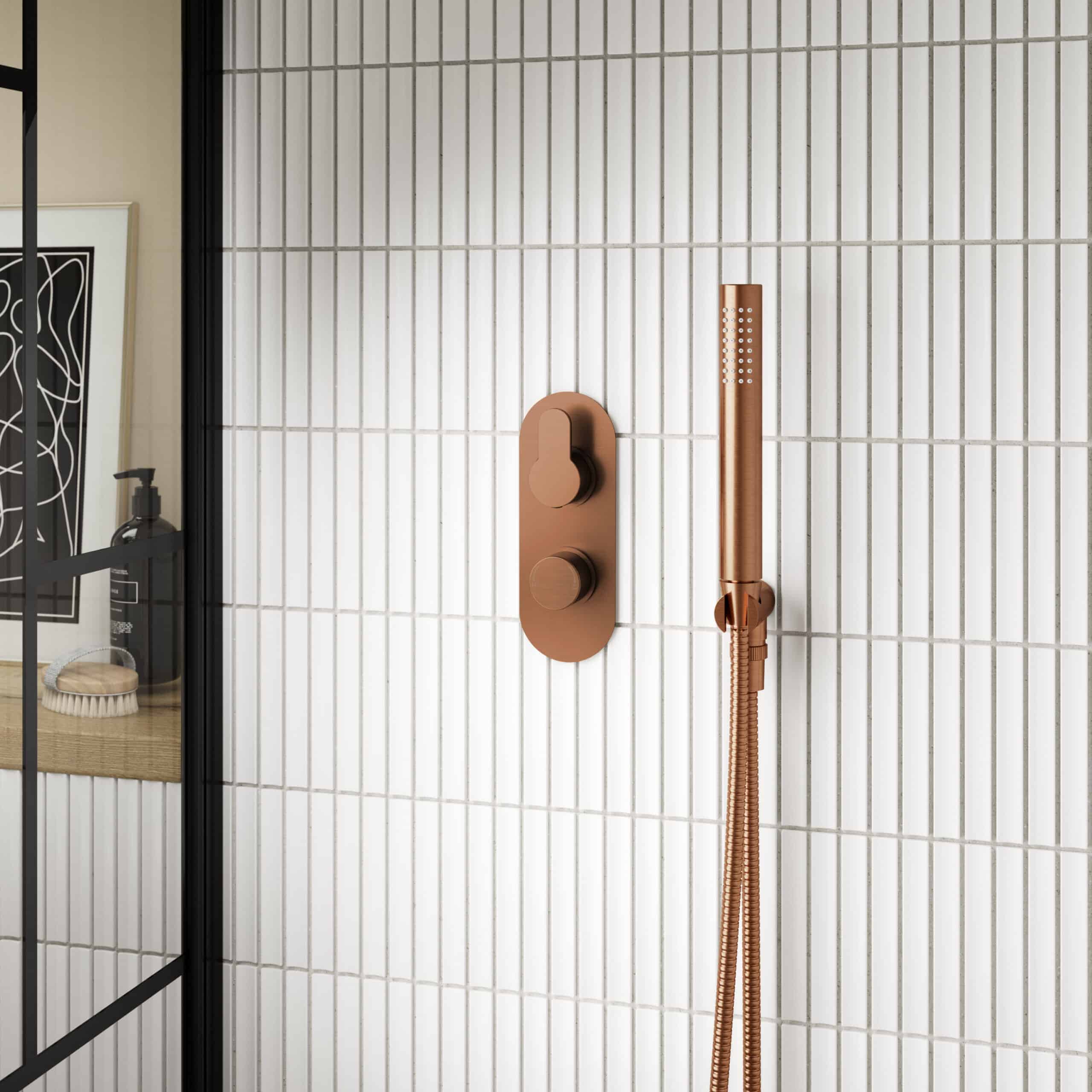 Brushed copper bathroom shower system, wall-mounted shower mixer with handheld shower head, modern copper bath fixtures, stylish shower set for contemporary bathrooms, Bubly Bathrooms copper shower fittings.