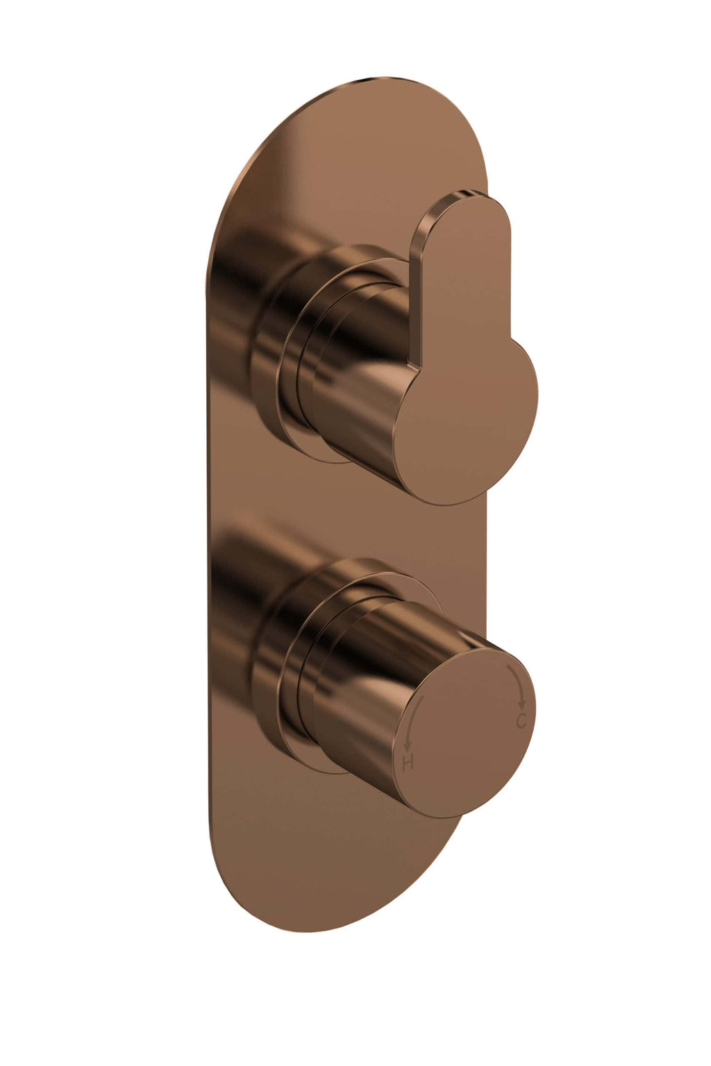 Polished bronze thermostatic shower valve with dual control knobs for temperature and flow, ideal for modern bathroom renovations and customising shower experience.