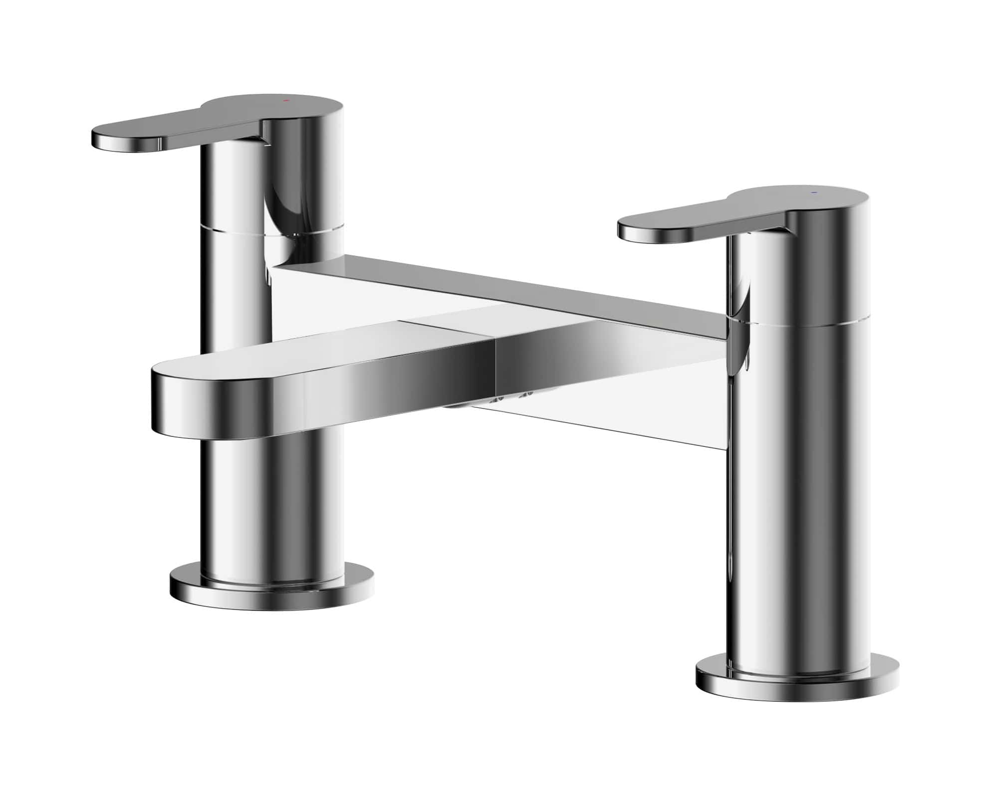 Polished modern bathroom faucet with twin handles, chrome finish, and sleek design, ideal for contemporary bathrooms.
