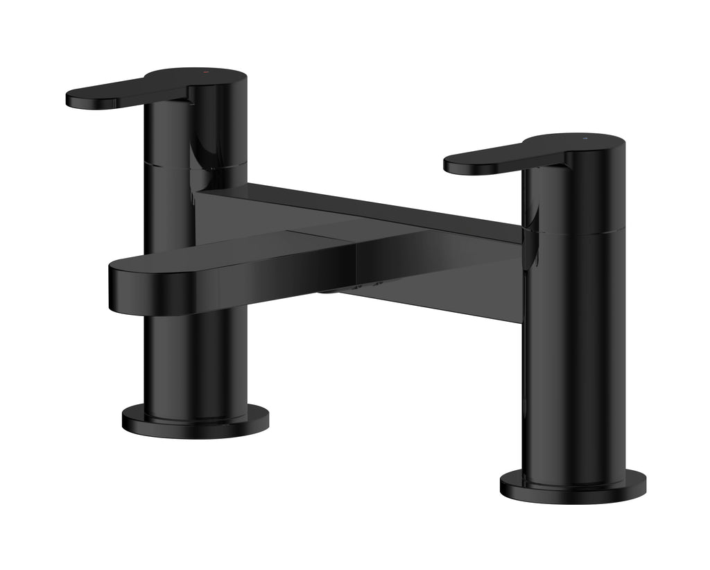 Polished black bathroom tap with dual spouts and modern design, ideal for contemporary bathroom renovations and upgrades. Perfect for stylish and functional bathroom fixtures.