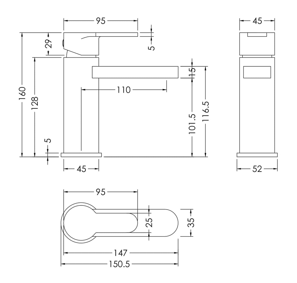 High-quality bathroom tap technical drawing with precise measurements, ideal for plumbing installations and bathroom renovation projects. Accurate design for modern bathroom fixtures.