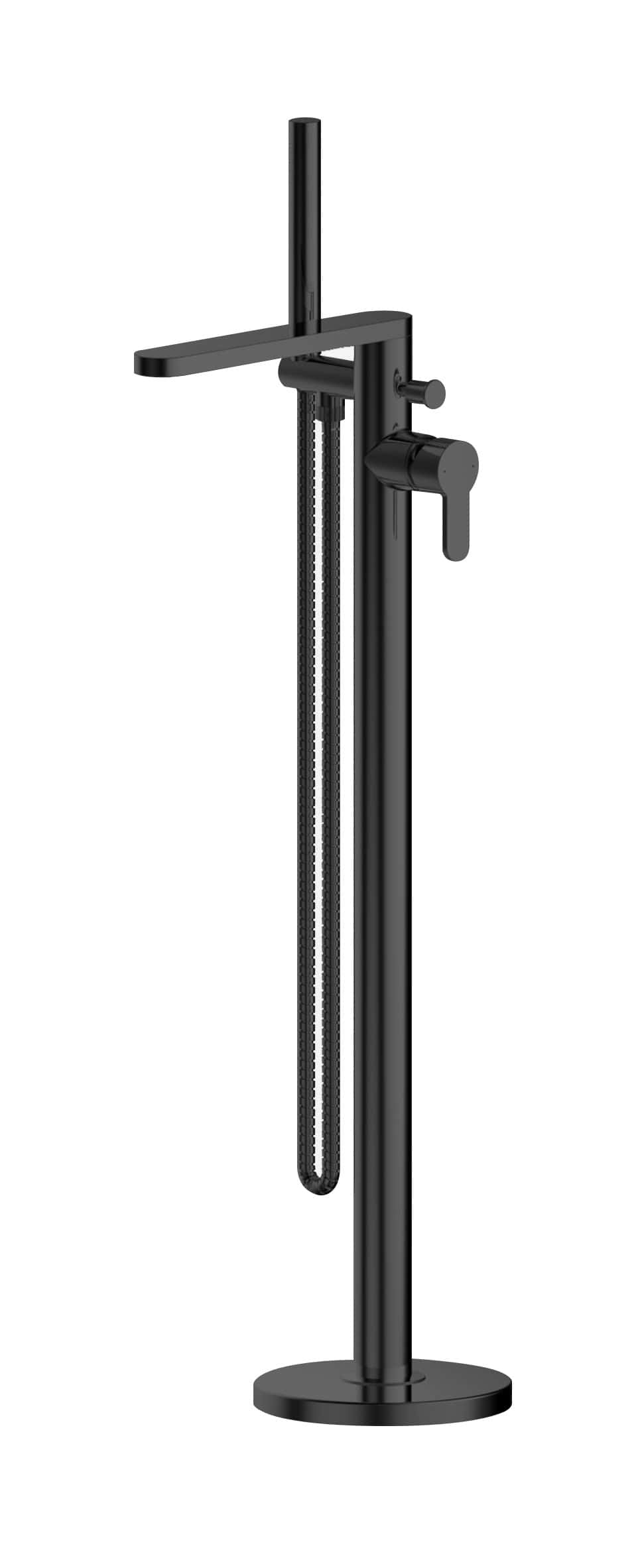Made-to-order modern freestanding black bathroom tap with vertical pipe, lever handle, and integrated hose holder, perfect for contemporary bathroom remodels and stylish fixtures.
