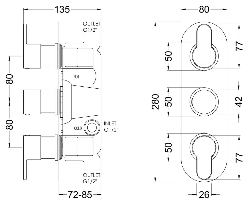 High-quality bathroom valve technical drawing, featuring detailed measurements for installation, ideal for modern bathroom plumbing projects.