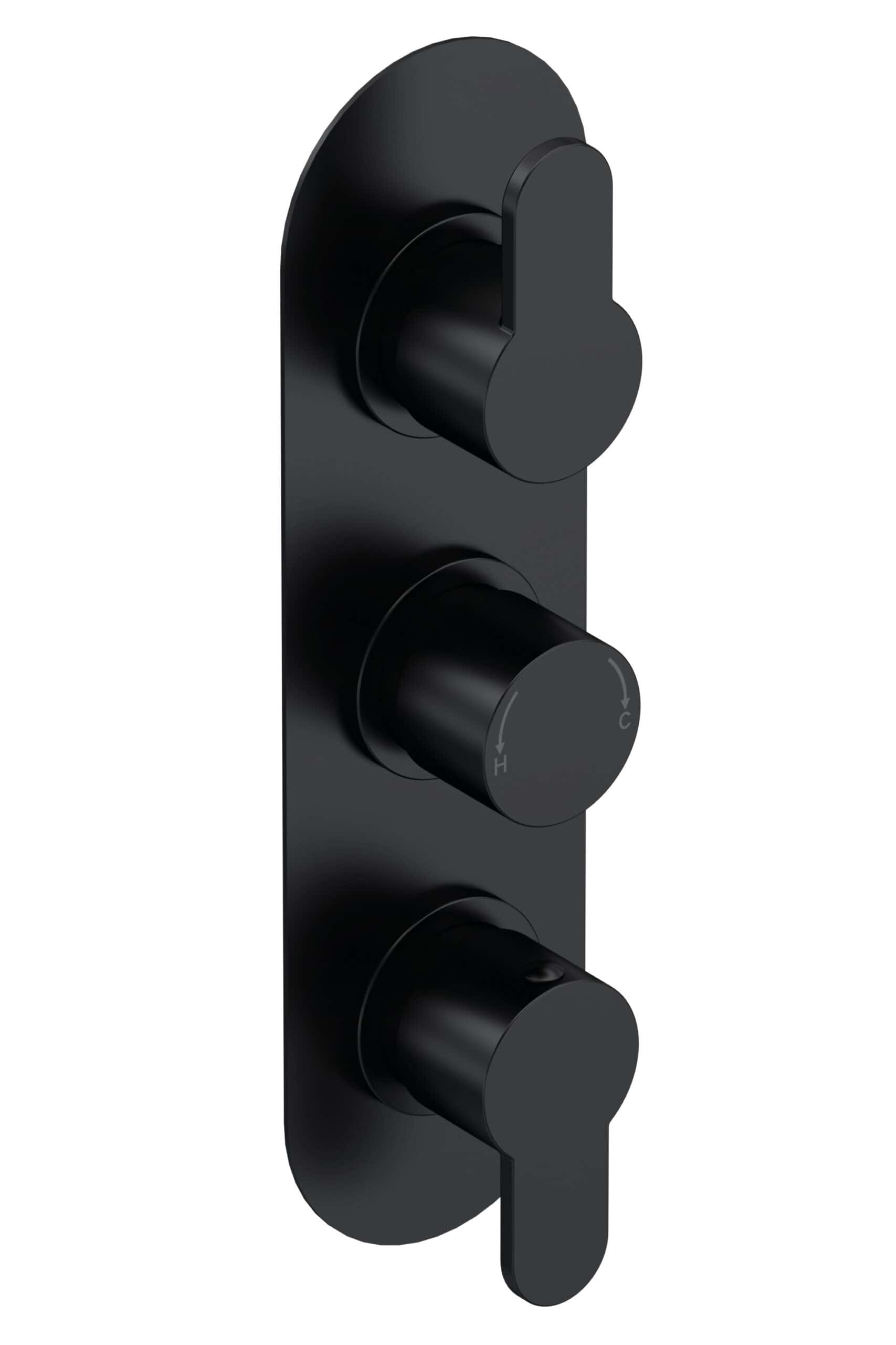 Sleek black thermostatic shower control valve for modern bathroom showers, featuring easy-to-grip dials for precise temperature and flow adjustment, ideal for stylish Bubly bathrooms.