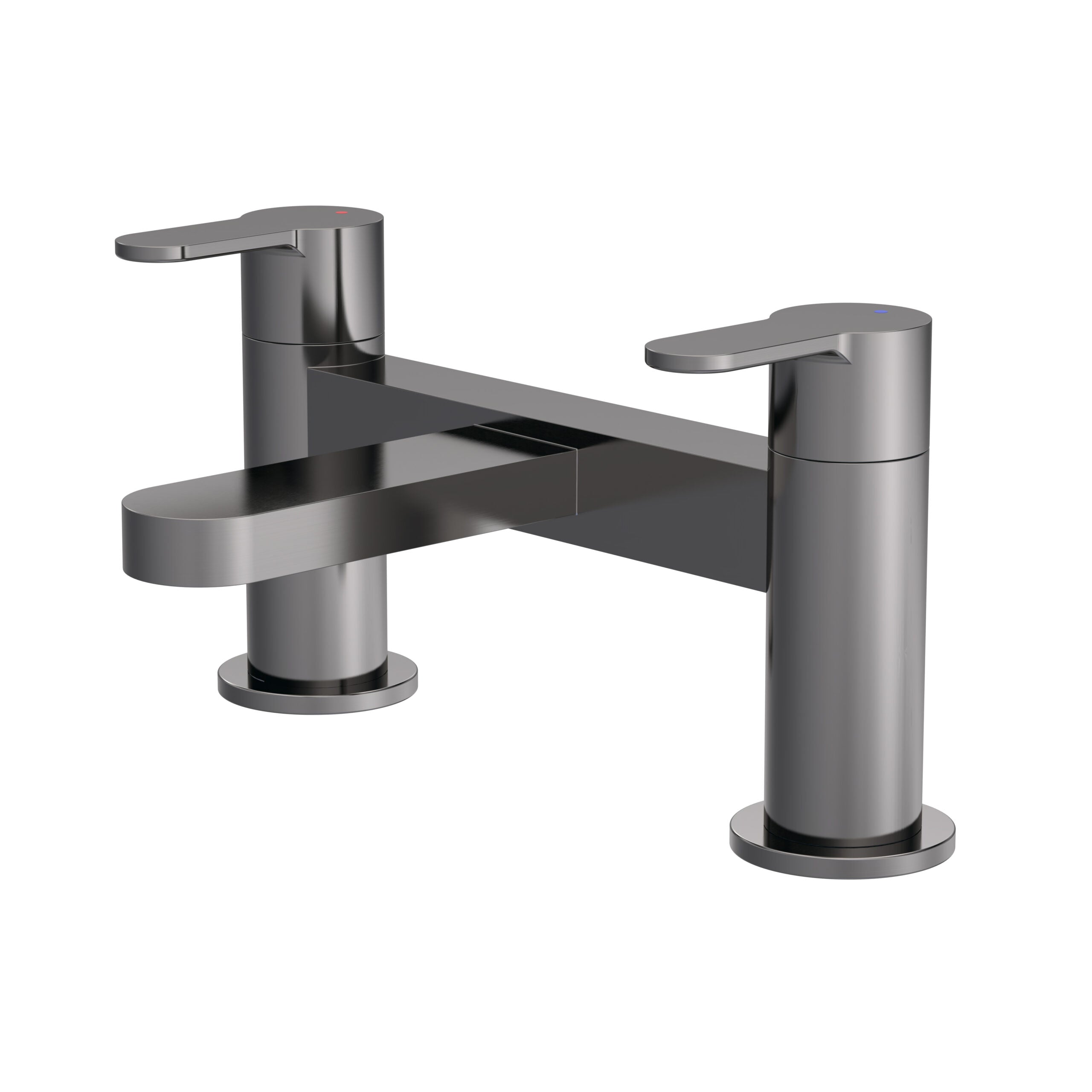 Brushed steel modern bathroom tap with dual spouts, sleek design, and easy-to-use handles, perfect for contemporary bathroom aesthetics and functional everyday use.