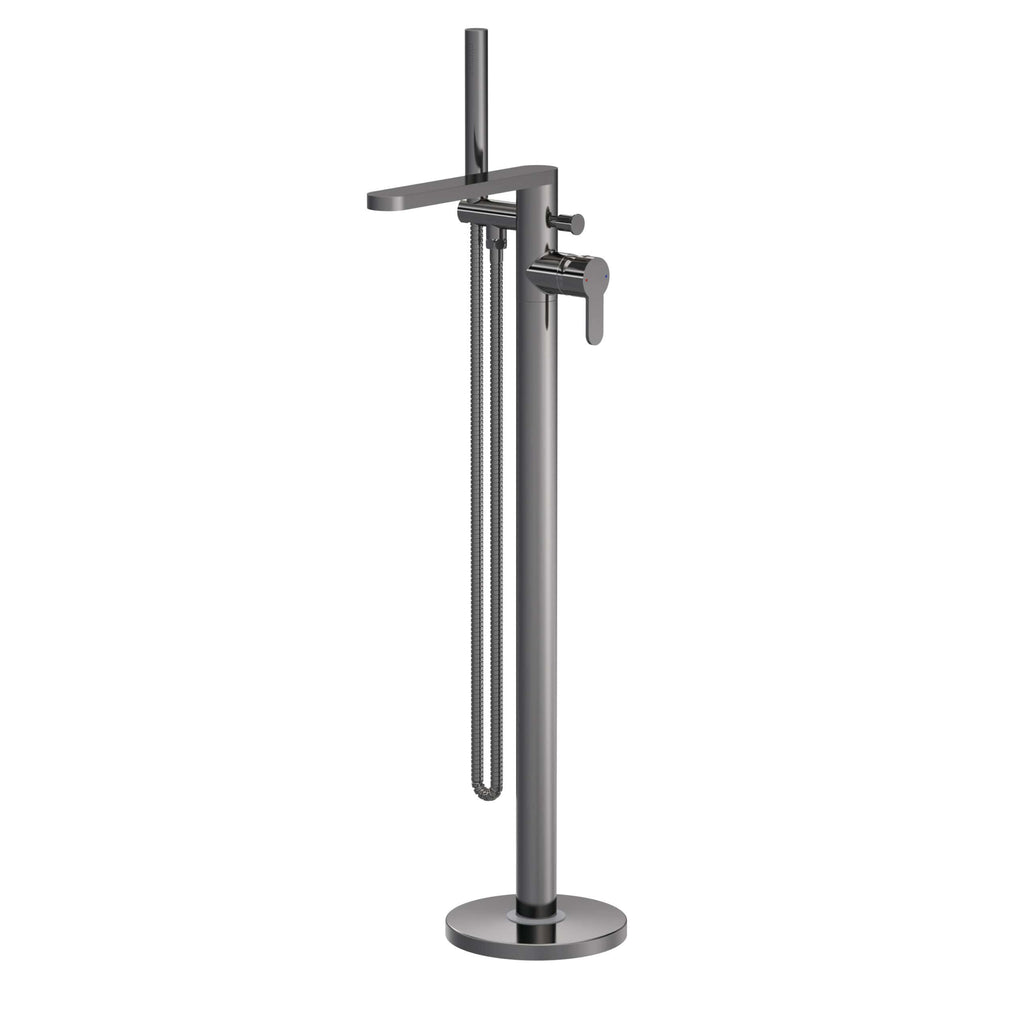 Polished chrome freestanding bathtub filler with hand shower and flexible hose, modern design bathroom tap for luxury baths.