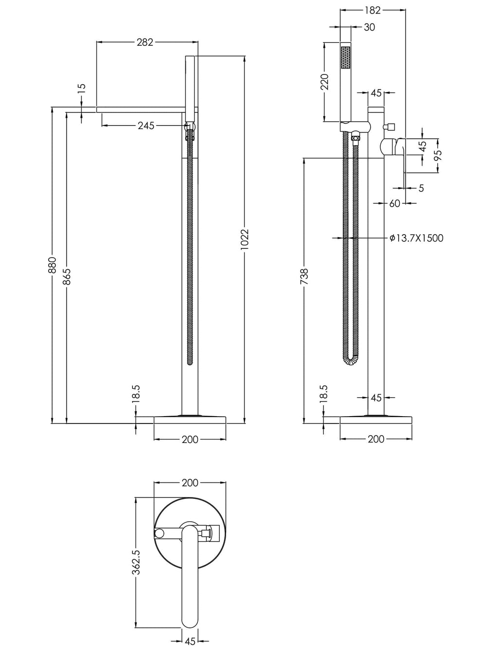 High-resolution technical drawing of a Bubly bathroom shower system with detailed measurements and specifications for installation and design.