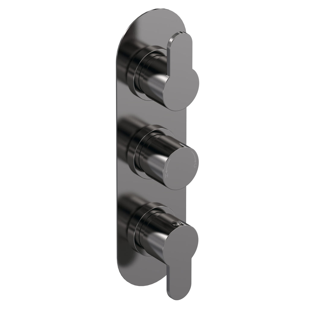 Brushed nickel thermostatic shower valve with three control knobs for temperature and flow regulation. Modern bathroom fixture designed for precise and stylish water control.