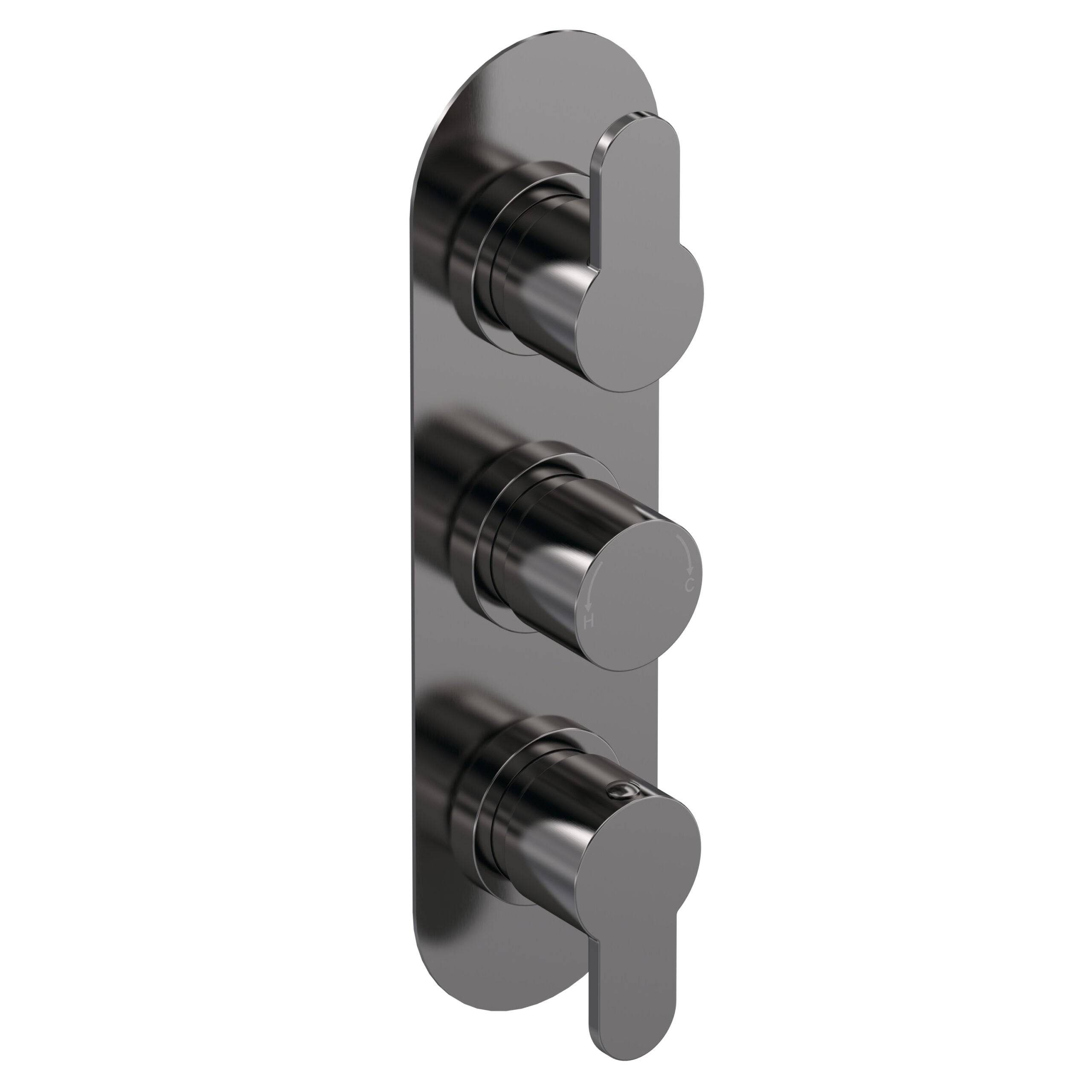 Brushed nickel thermostatic shower valve with three control knobs for temperature and flow regulation. Modern bathroom fixture designed for precise and stylish water control.