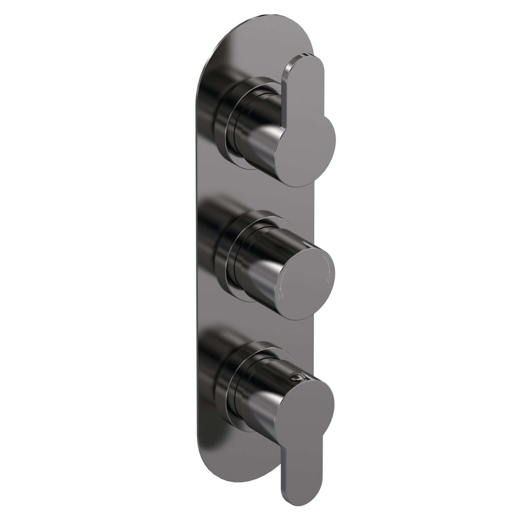 Brushed stainless steel thermostatic shower valve for modern bathrooms, featuring three control knobs for precise water temperature and flow regulation. Perfect for contemporary bathroom remodels.