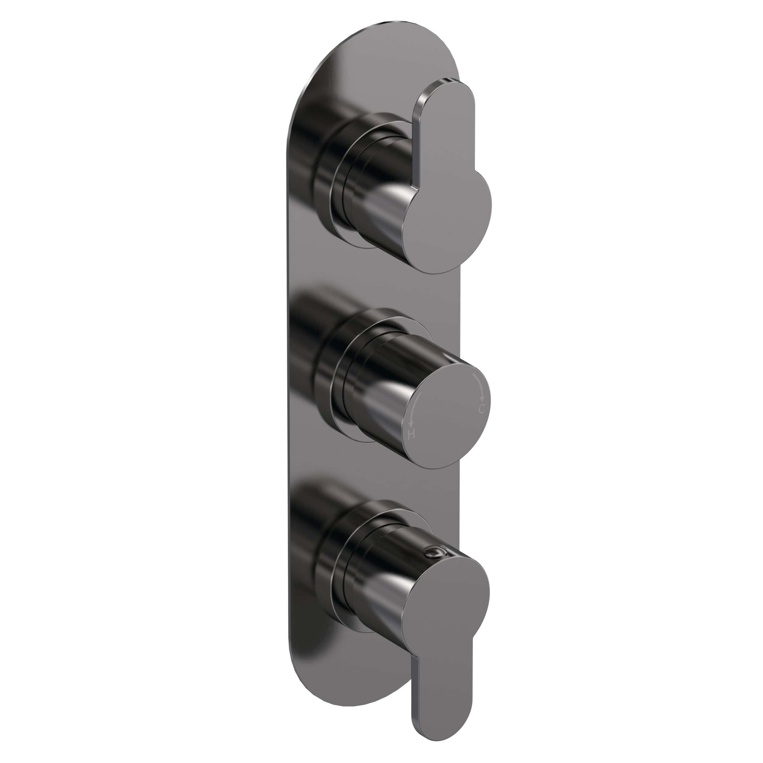 Brushed stainless steel thermostatic shower valve for modern bathrooms, featuring three control knobs for precise water temperature and flow regulation. Perfect for contemporary bathroom remodels.