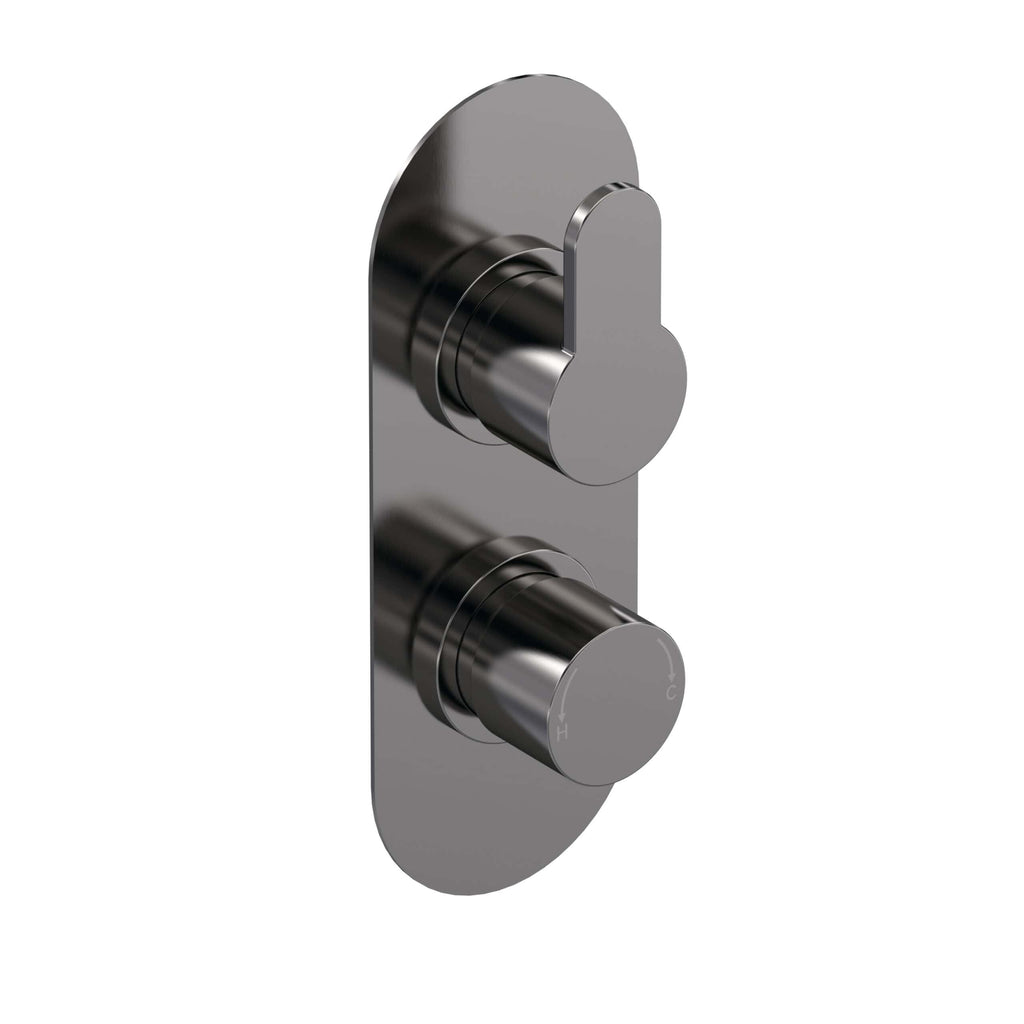 Brushed stainless steel thermostatic shower control panel with two rotary dials, modern bathroom fixture from Bubly Bathrooms.