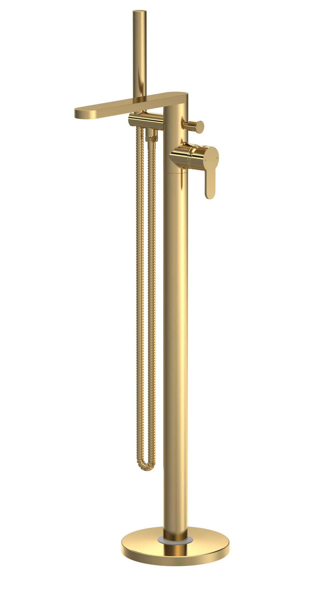 Contemporary gold freestanding bathtub filler with handheld shower and minimalist design for modern bathrooms.