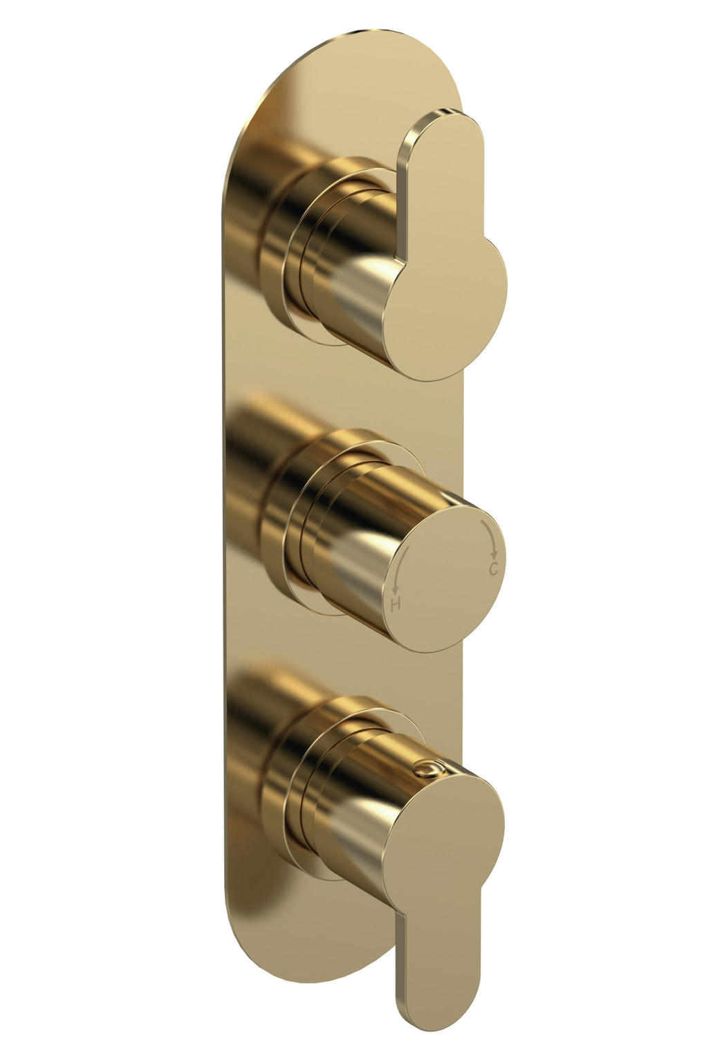 Brass bathroom shower mixer tap handle with three control knobs for hot and cold water, designed for modern luxury bathroom decor.